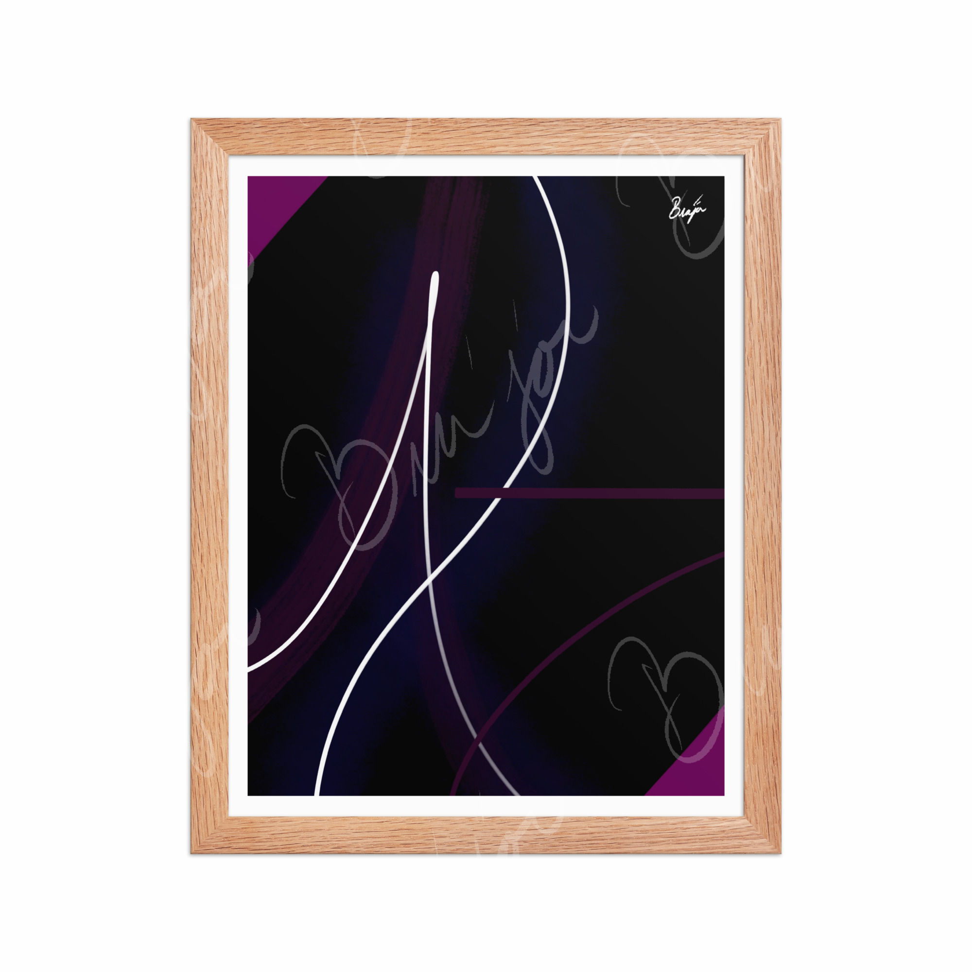 11x14 Red Oak Framed Abstract artwork titled Poised designed by the digital abstract artist Bra'jor. Artwork includes the colors Purple, Pink, Blue, and White