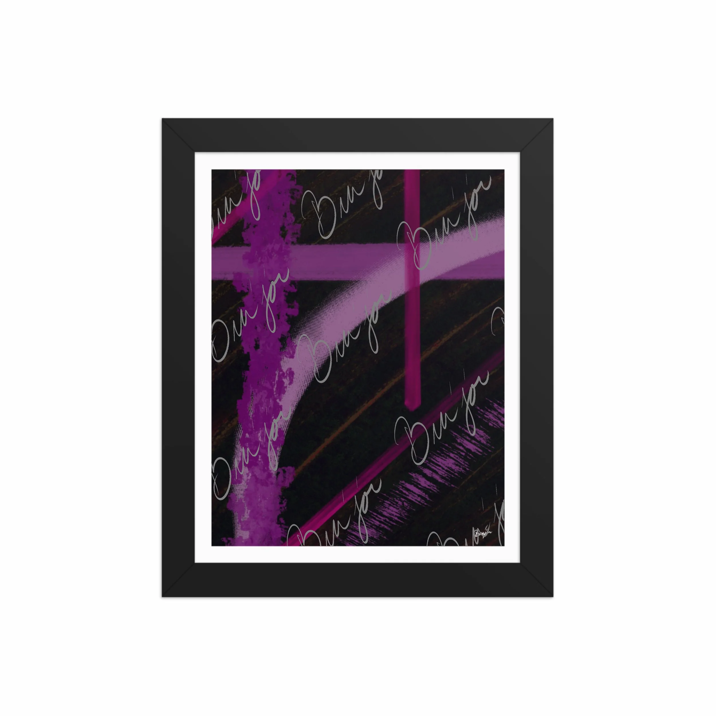 8x10 Black Framed Abstract artwork titled Be Soft designed by the digital abstract artist Bra'jor. Artwork includes the colors Purple, Lavender, Pink, Orange, and Black
