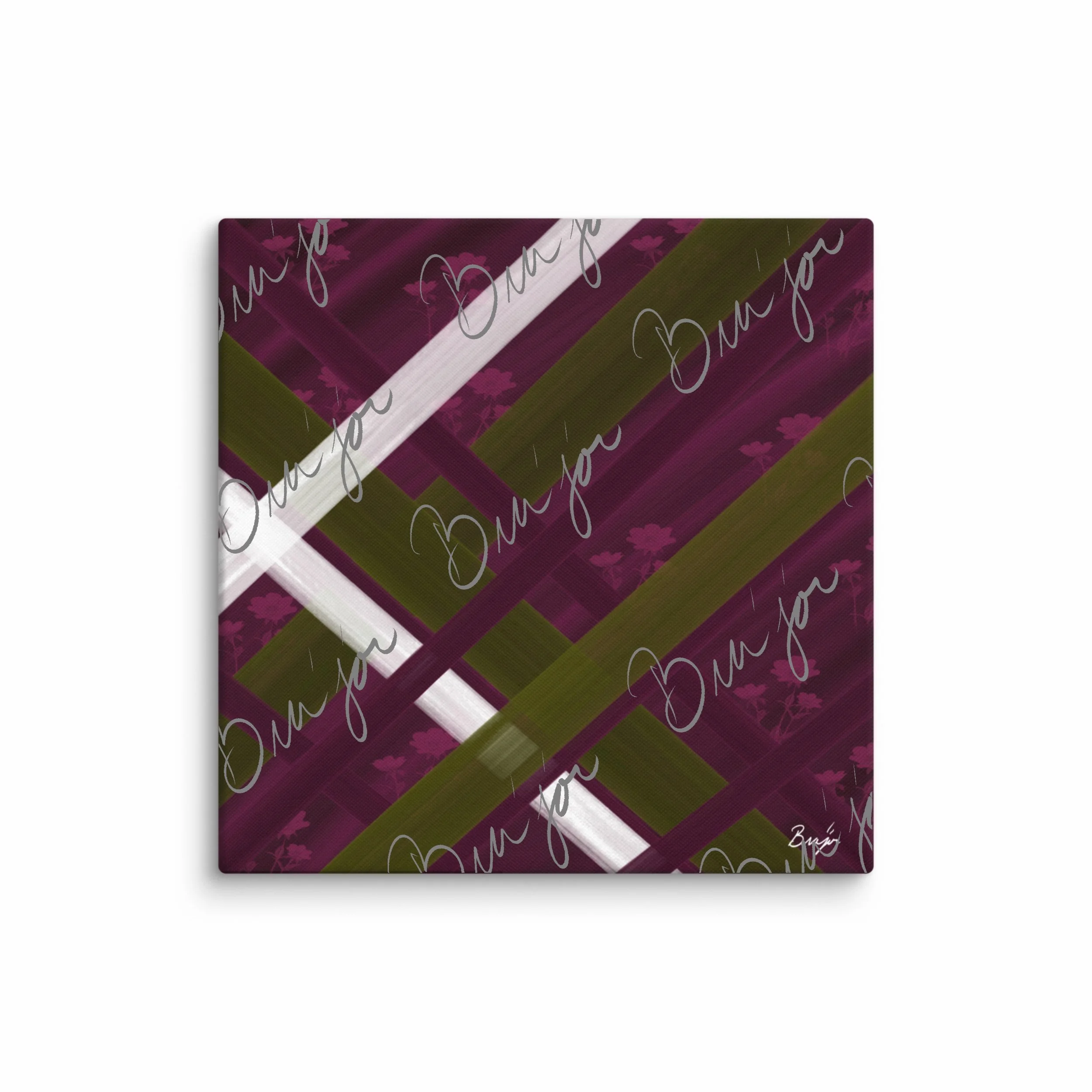 32x32 XL Canvas abstract artwork titled Complex designed by the digital abstract artist Bra'jor. Artwork includes the colors Purple, Pink, Olive Green, and White