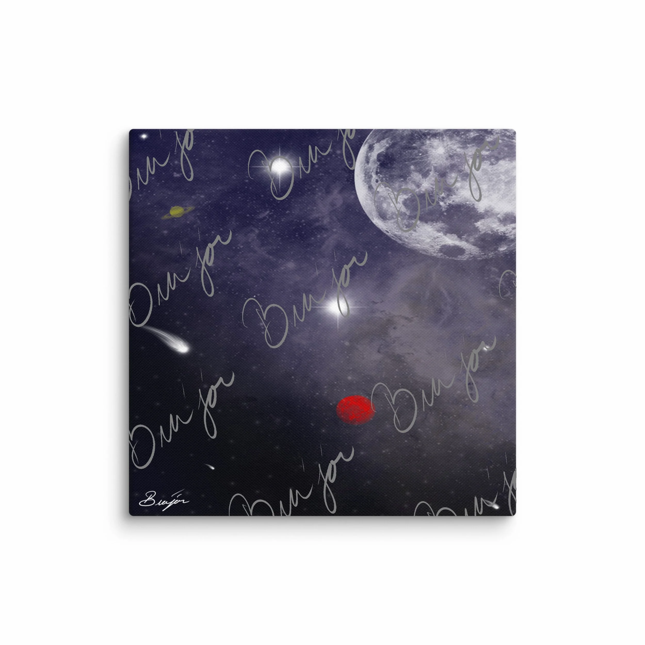 16x16 Abstract canvas artwork titled Out There designed by the digital abstract artist Bra'jor. Artwork includes the colors White, Gray, Red, Black, and Yellow