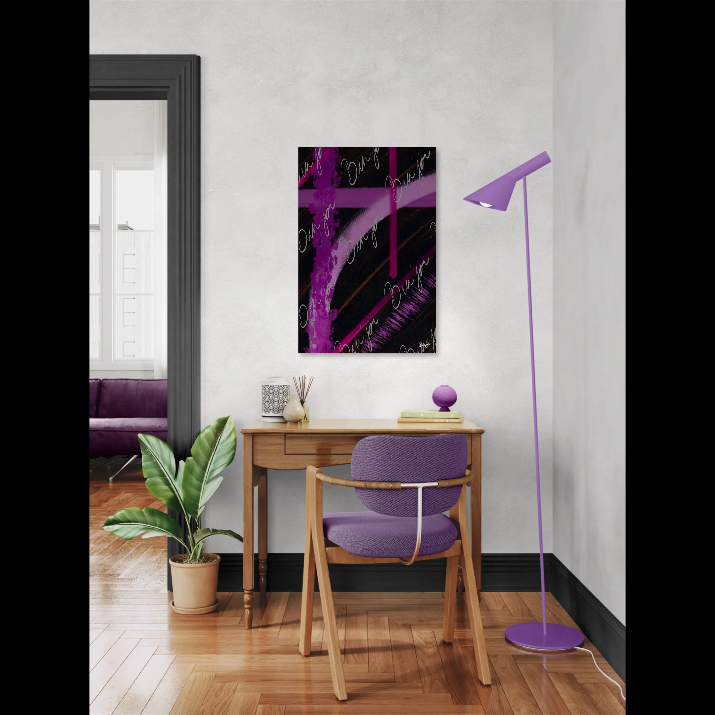 Abstract canvas artwork titled Be Soft designed by the digital abstract artist Bra'jor. Artwork includes the colors Purple, Lavender, Pink, Orange, and Black