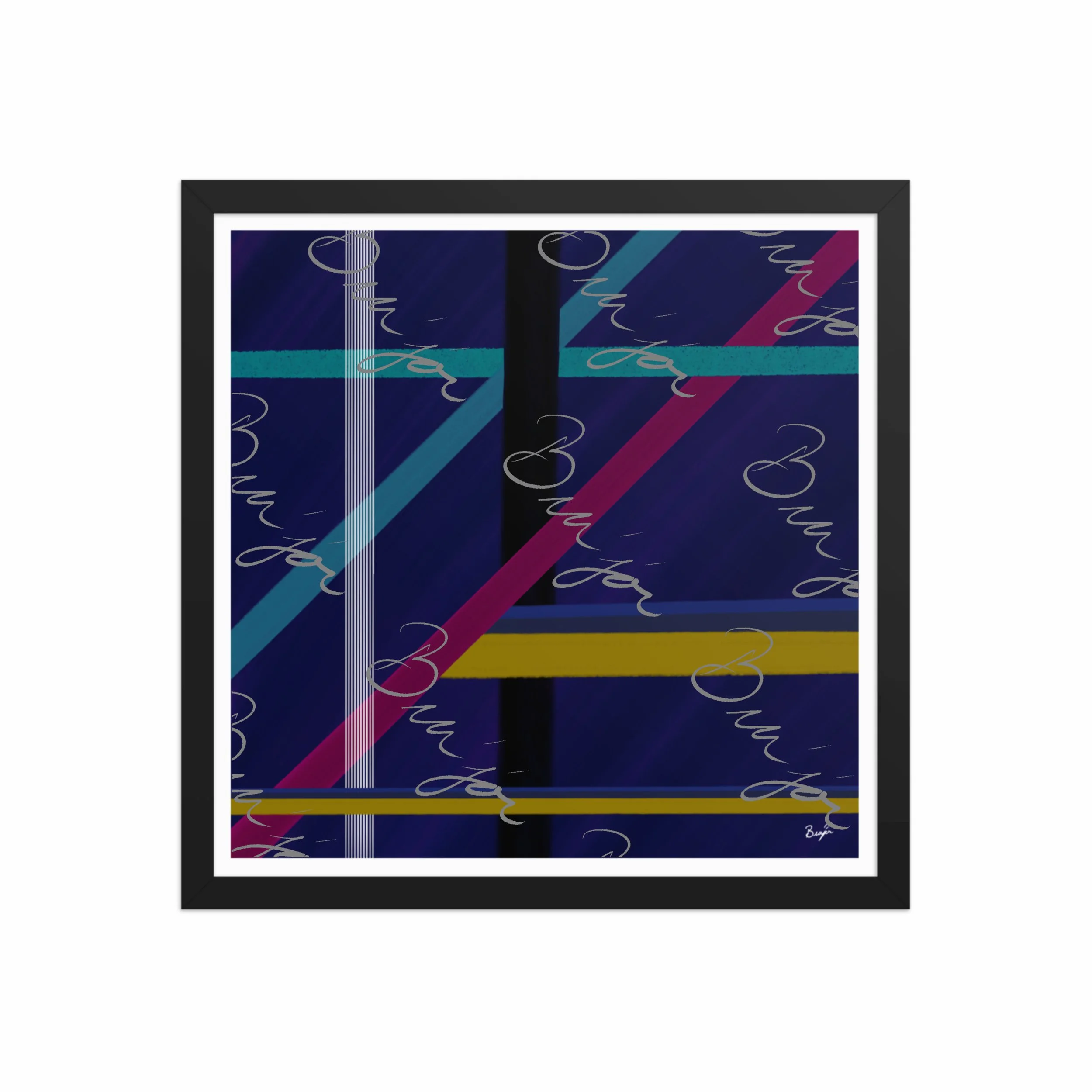 16x16 Black Framed Abstract artwork titled Destinations designed by the digital abstract artist Bra'jor. Artwork includes the colors Black, Blue, Yellow, Pink, and White
