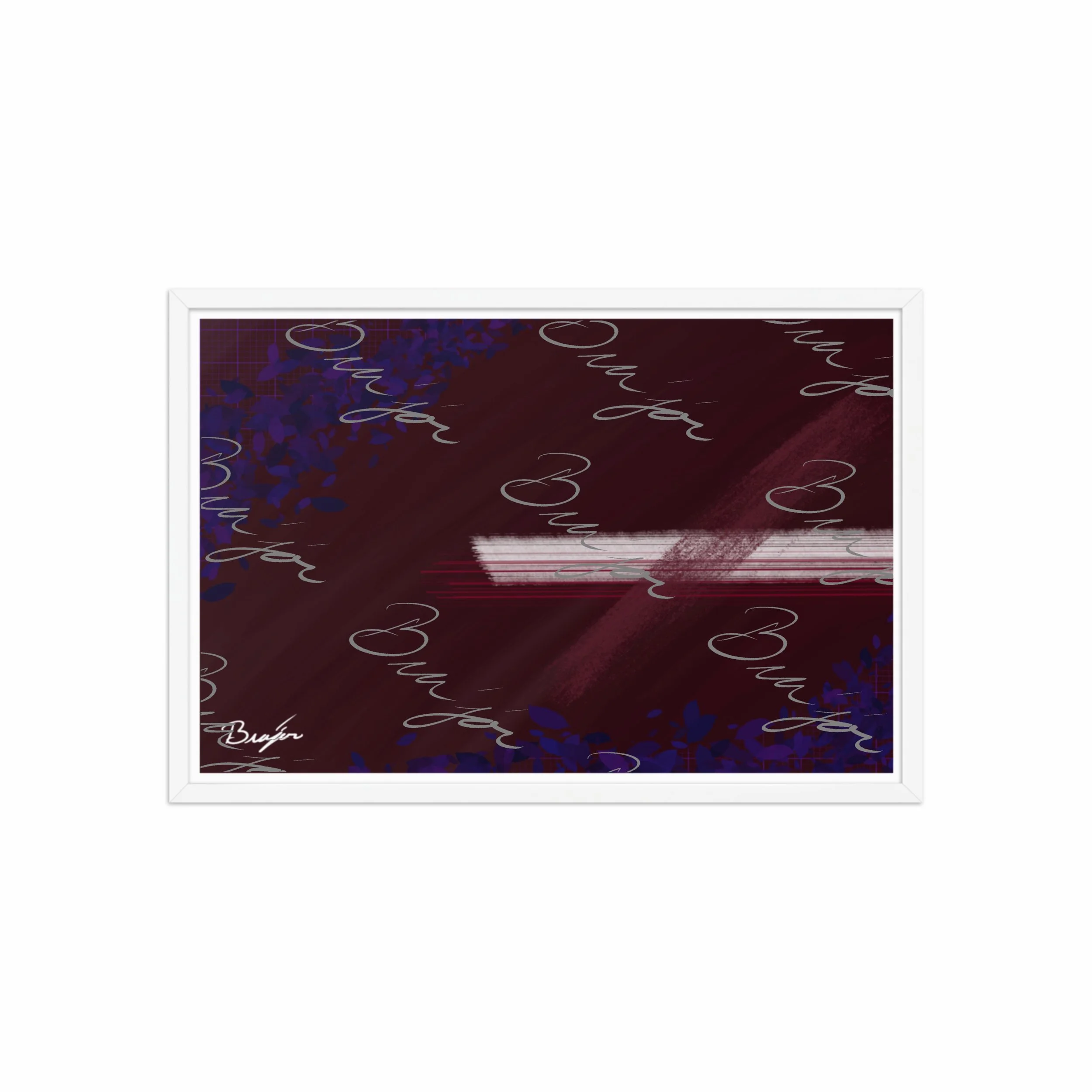 20x30 White framed abstract artwork titled Guarded designed by the digital abstract artist Bra'jor. Artwork includes the colors Maroon, Black, Blue, and White