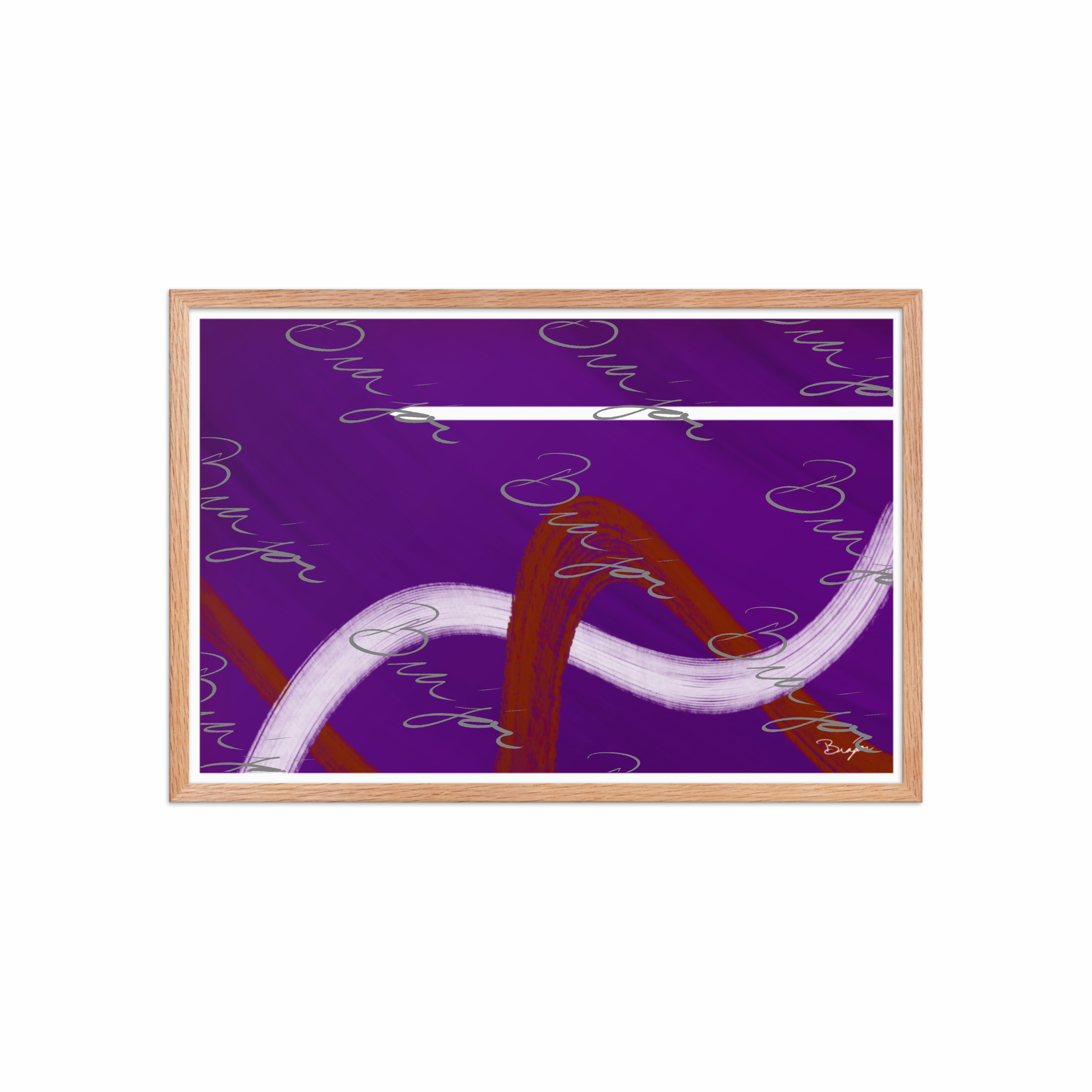 20x30 Red Oak Framed abstract artwork titled Quiet designed by the digital abstract artist Bra'jor. Artwork includes the colors Purple, Red, and White
