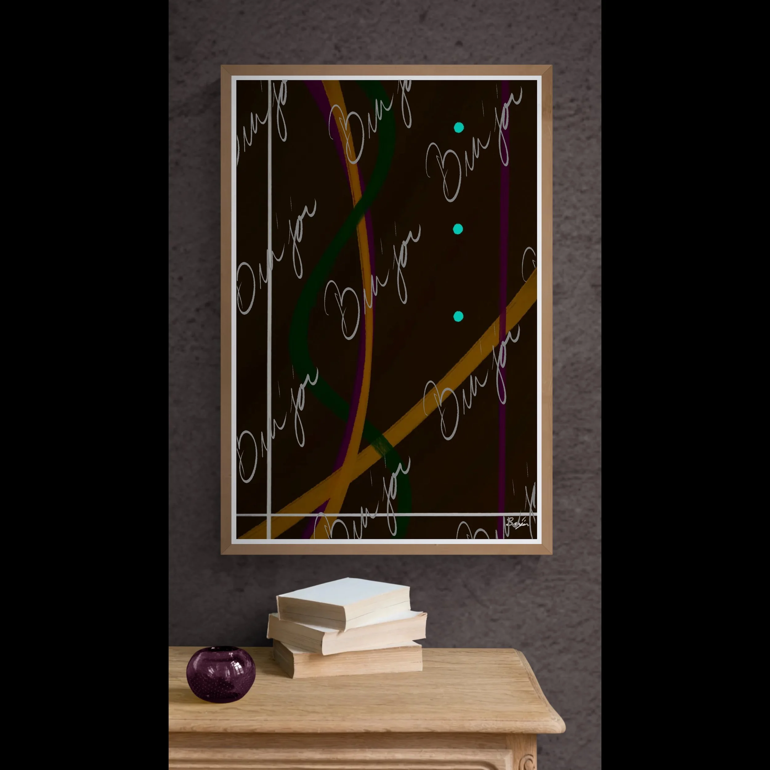 Framed Abstract artwork titled Button Up designed by the digital abstract artist Bra'jor. Artwork includes the colors Orange, Purple, Green, White, and Brown
