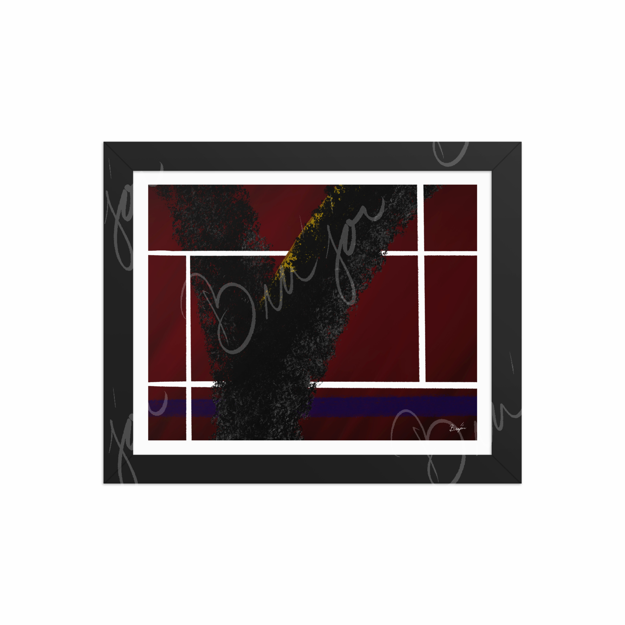 8x10 Black Framed Abstract artwork titled Step Out designed by the digital abstract artist Bra'jor. Artwork includes the colors Red, White, Black, Yellow, and Blue