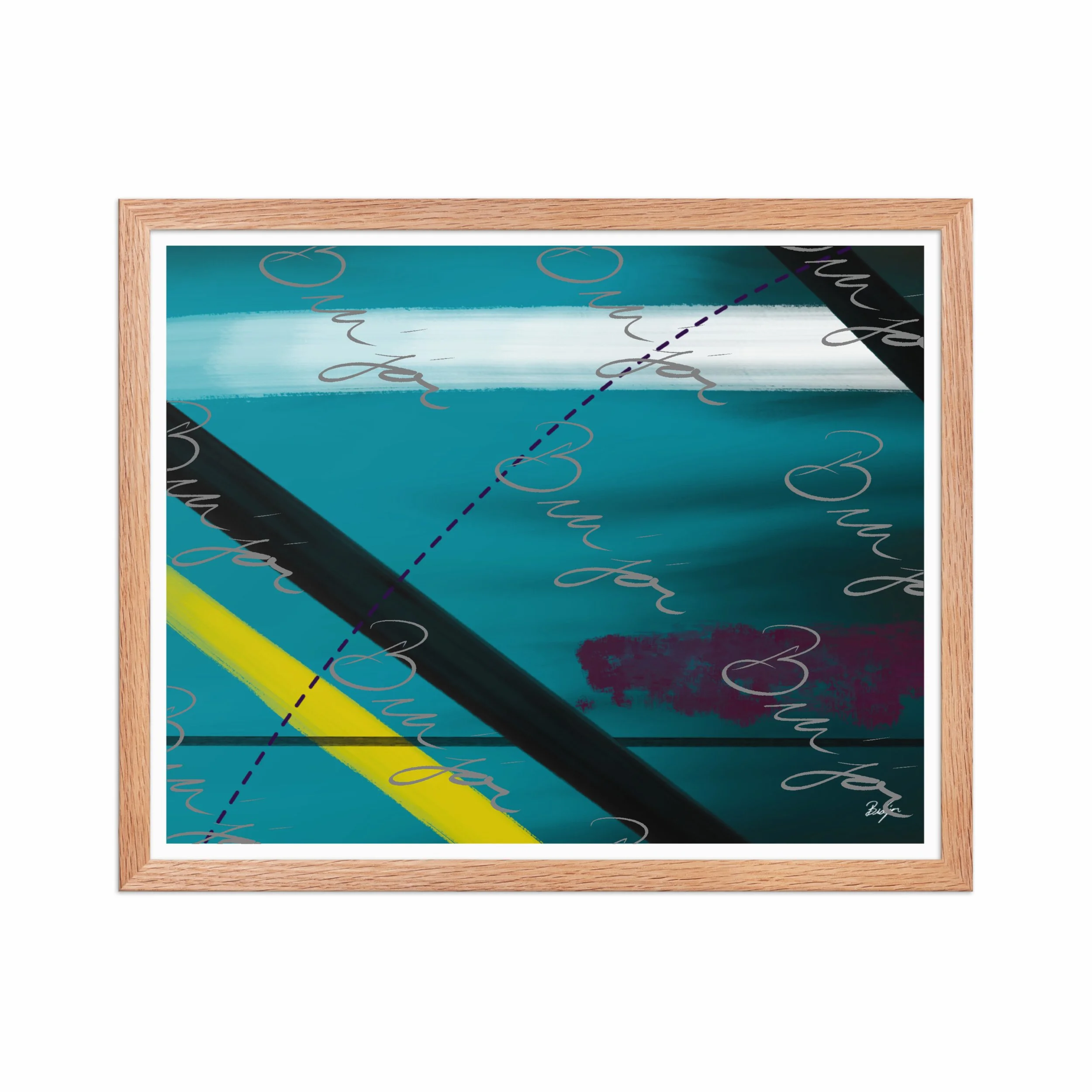 16x20 Red Oak Framed Abstract artwork titled First designed by the digital abstract artist Bra'jor. Artwork includes the colors Blue, Yellow, Black, Purple, and White