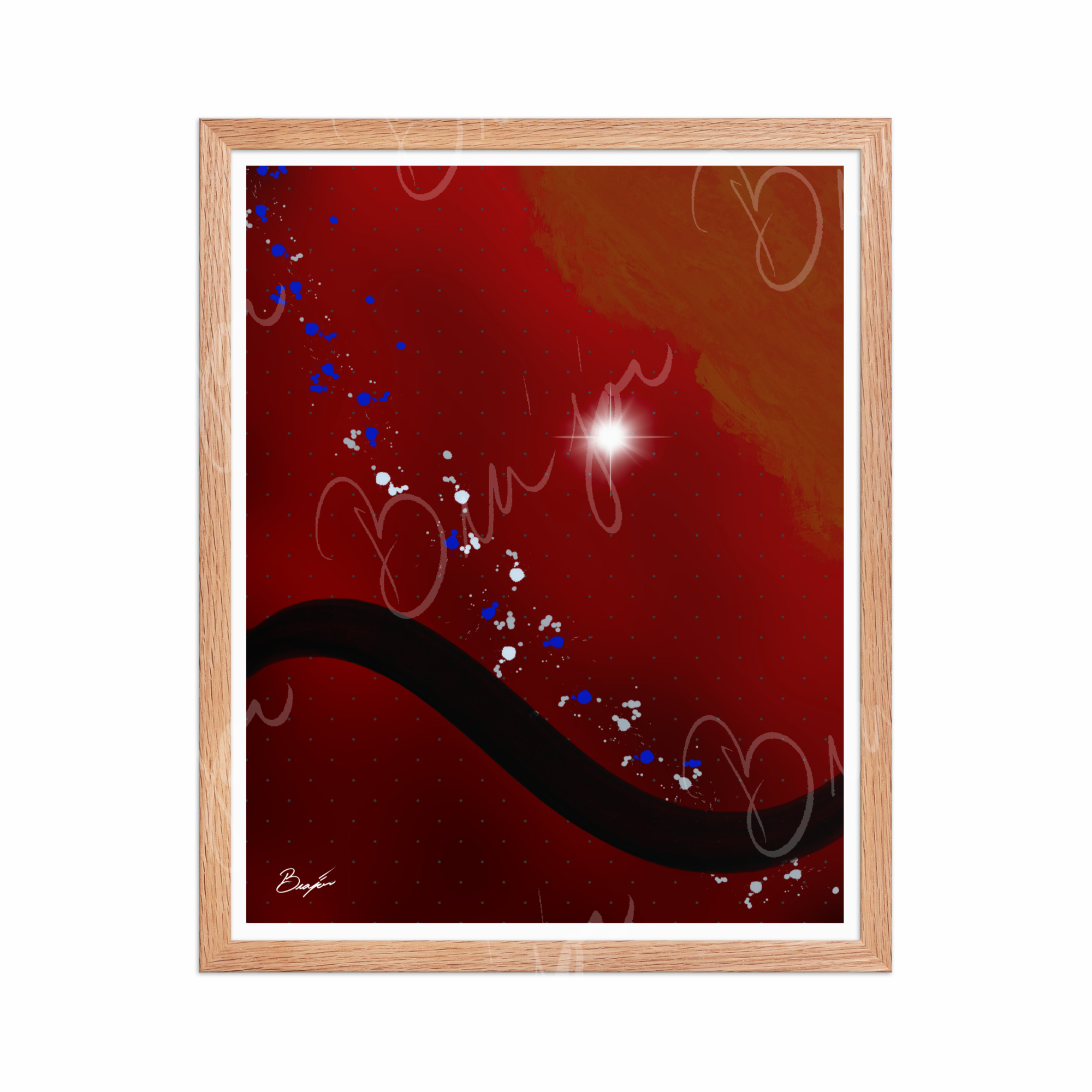 16x20 Red Oak Framed Abstract artwork titled Take Your Place designed by the digital abstract artist Bra'jor. Artwork includes the colors Red, Yellow, Orange, Black, Gray, and White