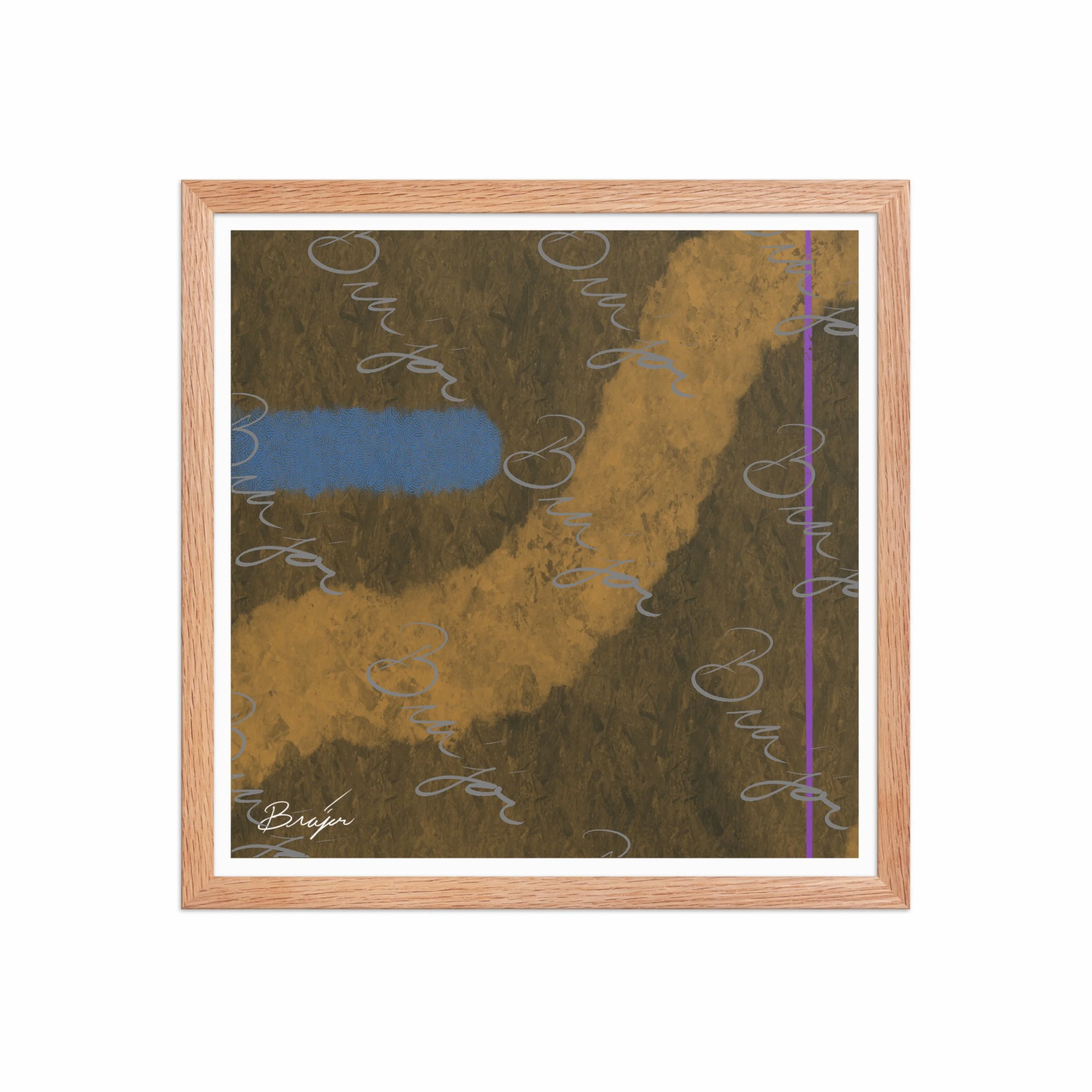 16x16 Red Oak Framed abstract artwork titled Gentle designed by the digital abstract artist Bra'jor. Artwork includes the colors Blue, Brown, Tan, Dark Green, and Purple