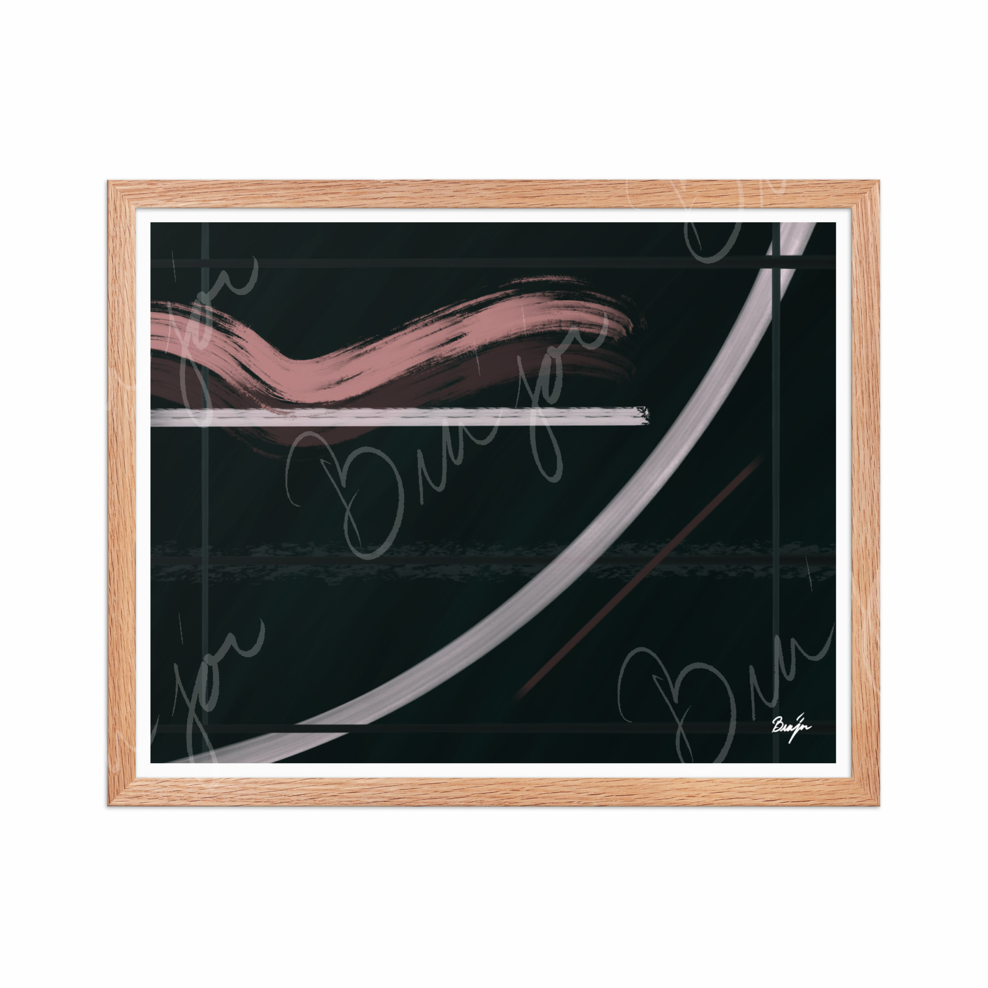 16x20 Red Oak Framed Abstract artwork titled Together designed by the digital abstract artist Bra'jor. Artwork includes the colors Brown, Pink, Green, and White