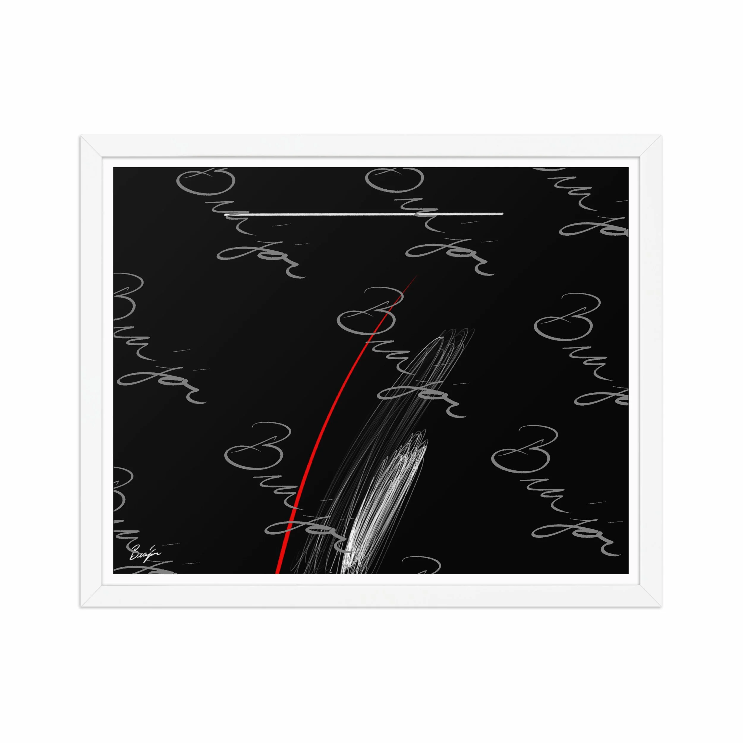 16x20 White Framed Self Titled Abstract artwork ‘Bra’jor’ designed by the digital abstract artist Bra'jor. Artwork includes the colors Black, Red, and White