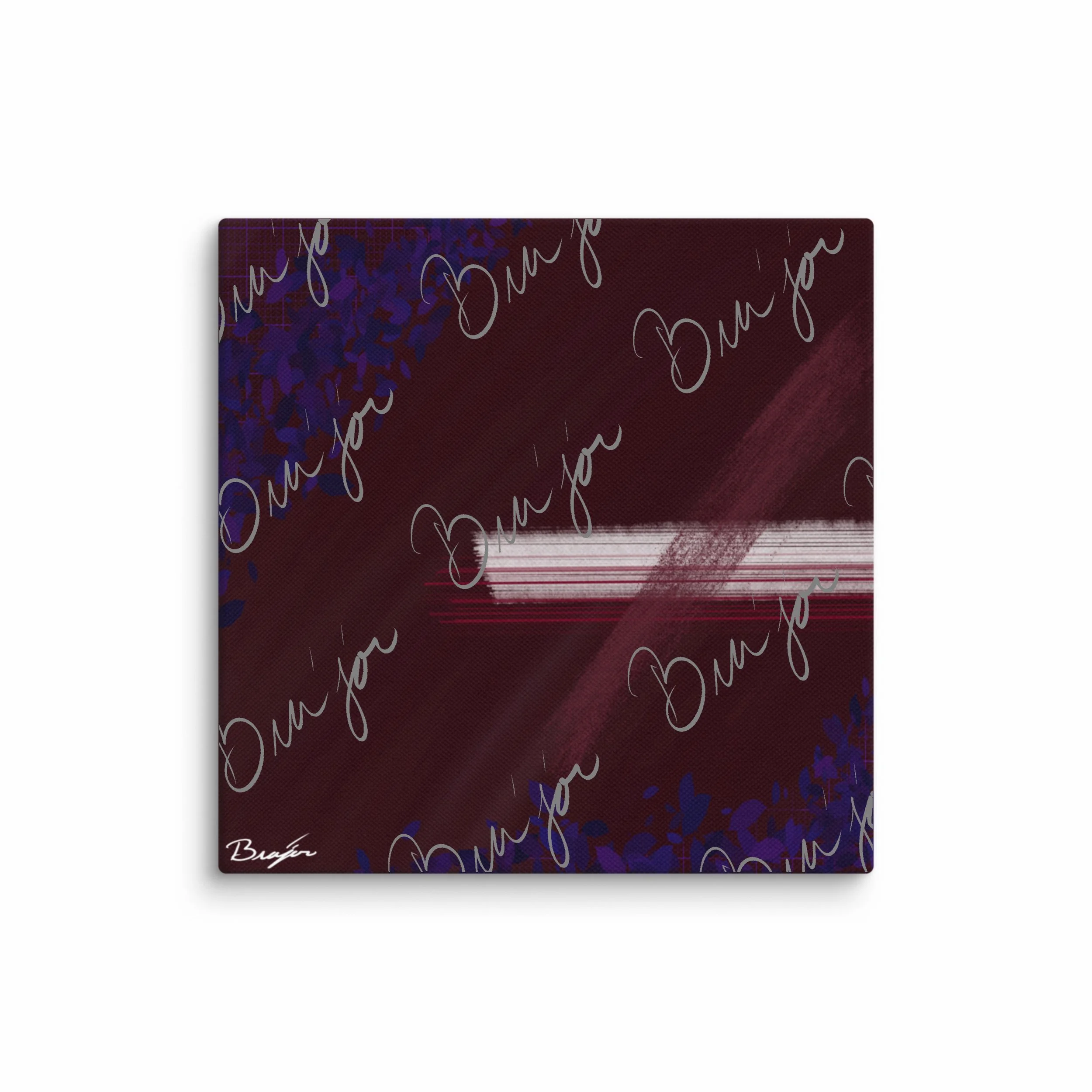 12x12 Abstract canvas artwork titled Guarded designed by the digital abstract artist Bra'jor. Artwork includes the colors Maroon, Black, Blue, and White