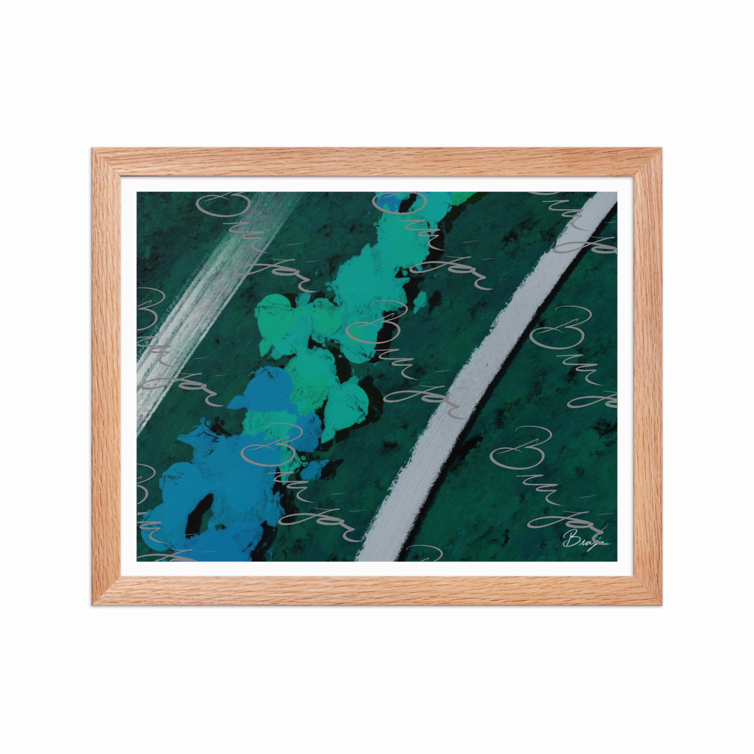 11x14 Red Oak Framed abstract artwork titled Breathe designed by the digital abstract artist Bra'jor. Artwork includes the colors Green, Blue, Black, and White