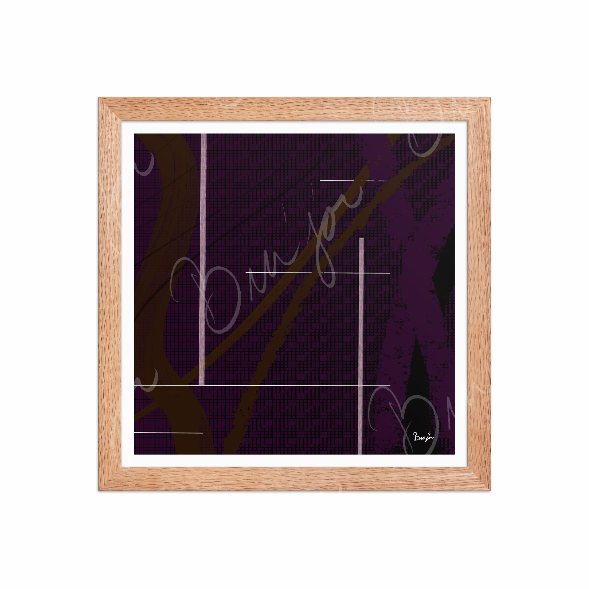 12x12 Red Oak Framed Abstract artwork titled Out of the Box designed by the digital abstract artist Bra'jor. Artwork includes the colors Purple, Brown, Black, and White