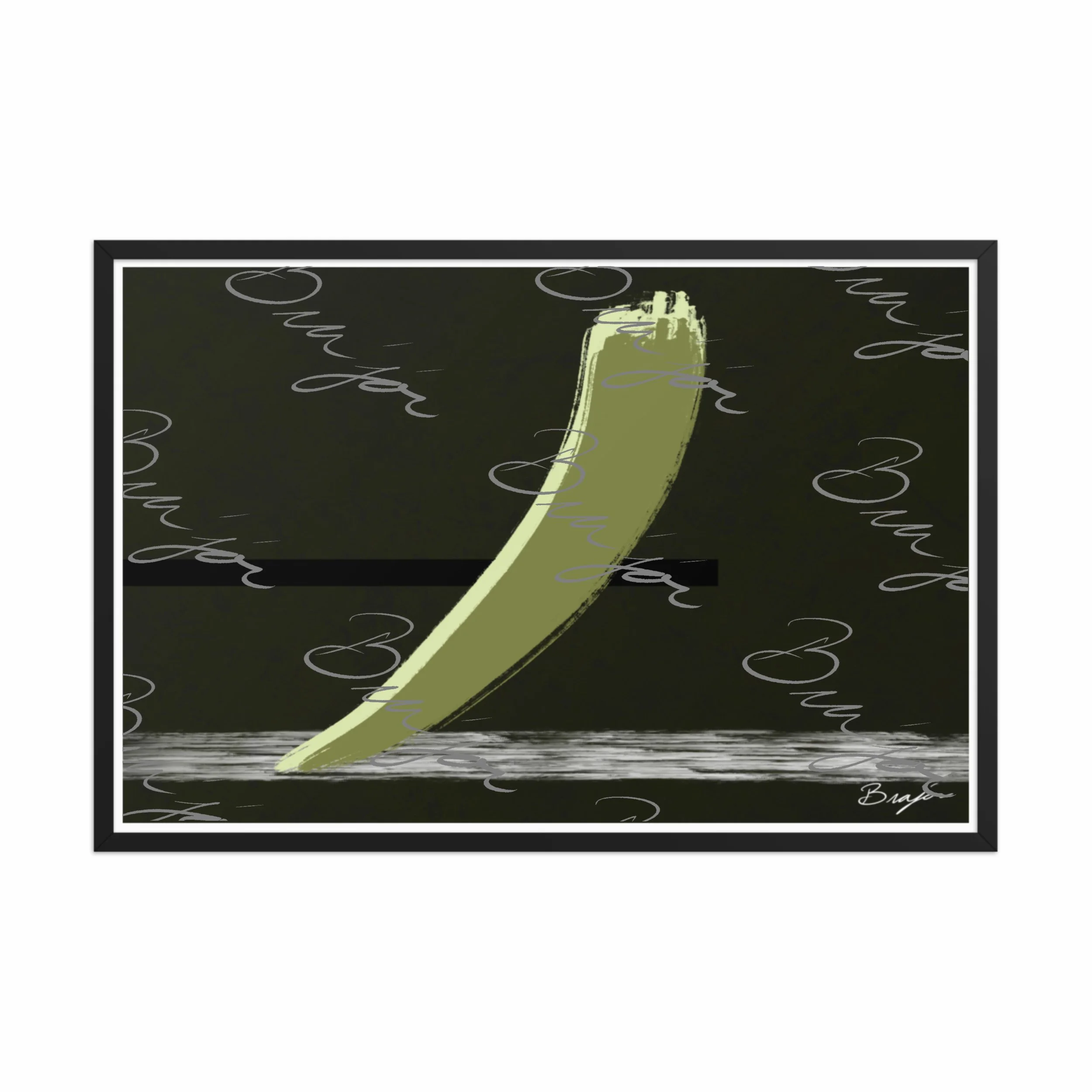 24x36 Black Framed abstract artwork titled Drift designed by the digital abstract artist Bra'jor. Artwork includes the colors Green in multiple shades, Black,  White, and Gray