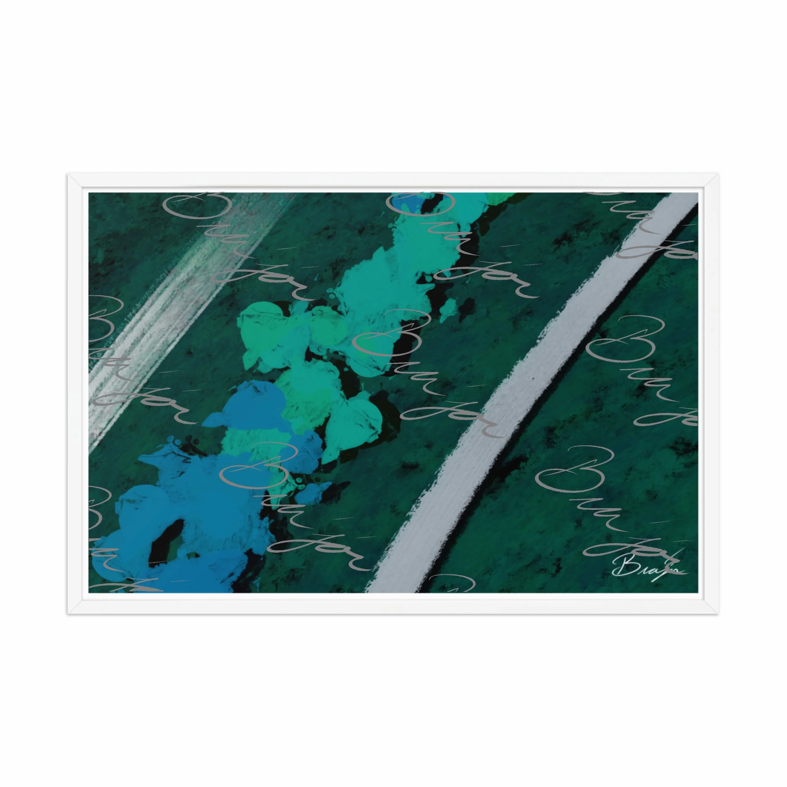 24x36 White Framed abstract artwork titled Breathe designed by the digital abstract artist Bra'jor. Artwork includes the colors Green, Blue, Black, and White
