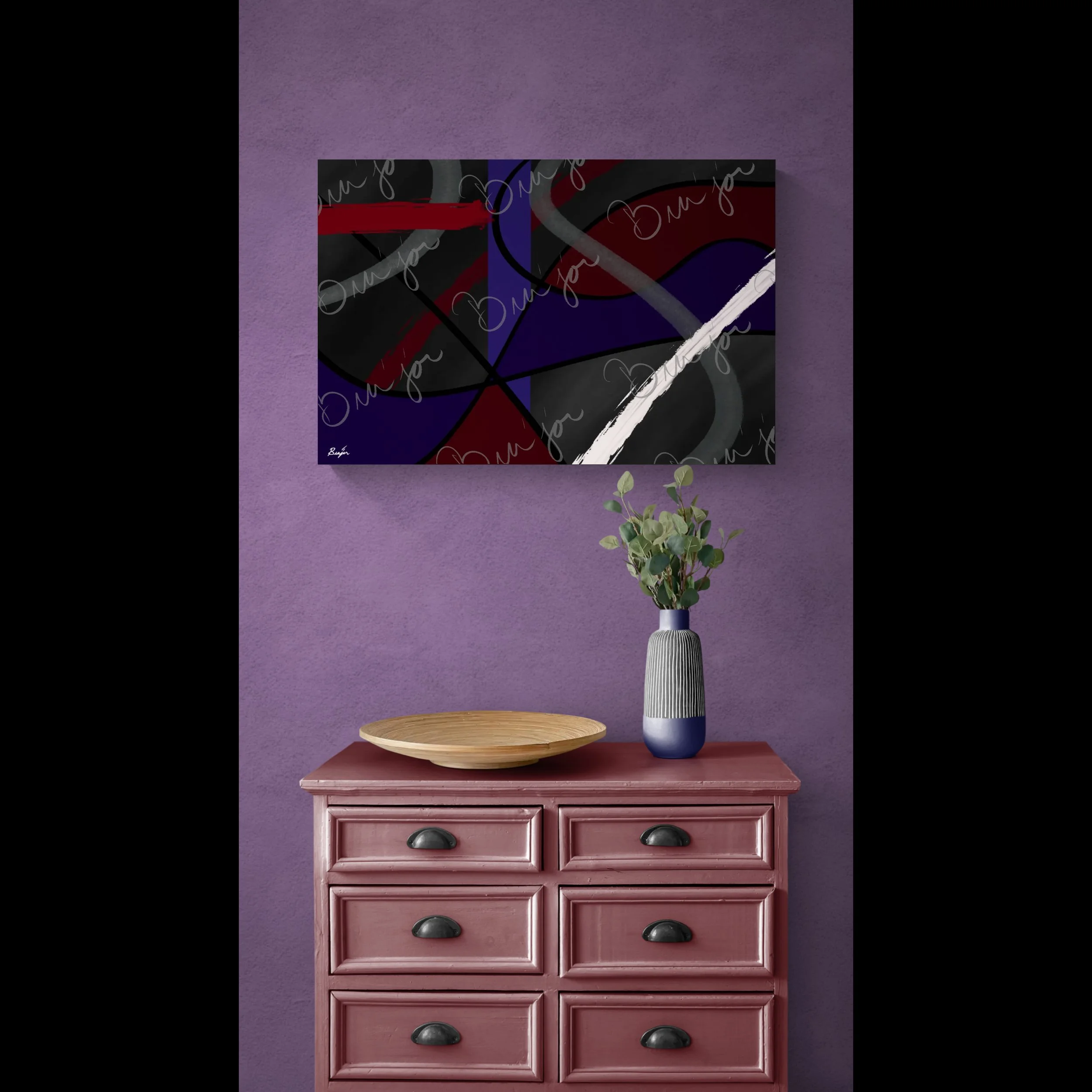 Canvas Abstract artwork titled Different designed by the digital abstract artist Bra'jor. Artwork includes the colors Purple, Blue, Red, Gray, and Black
