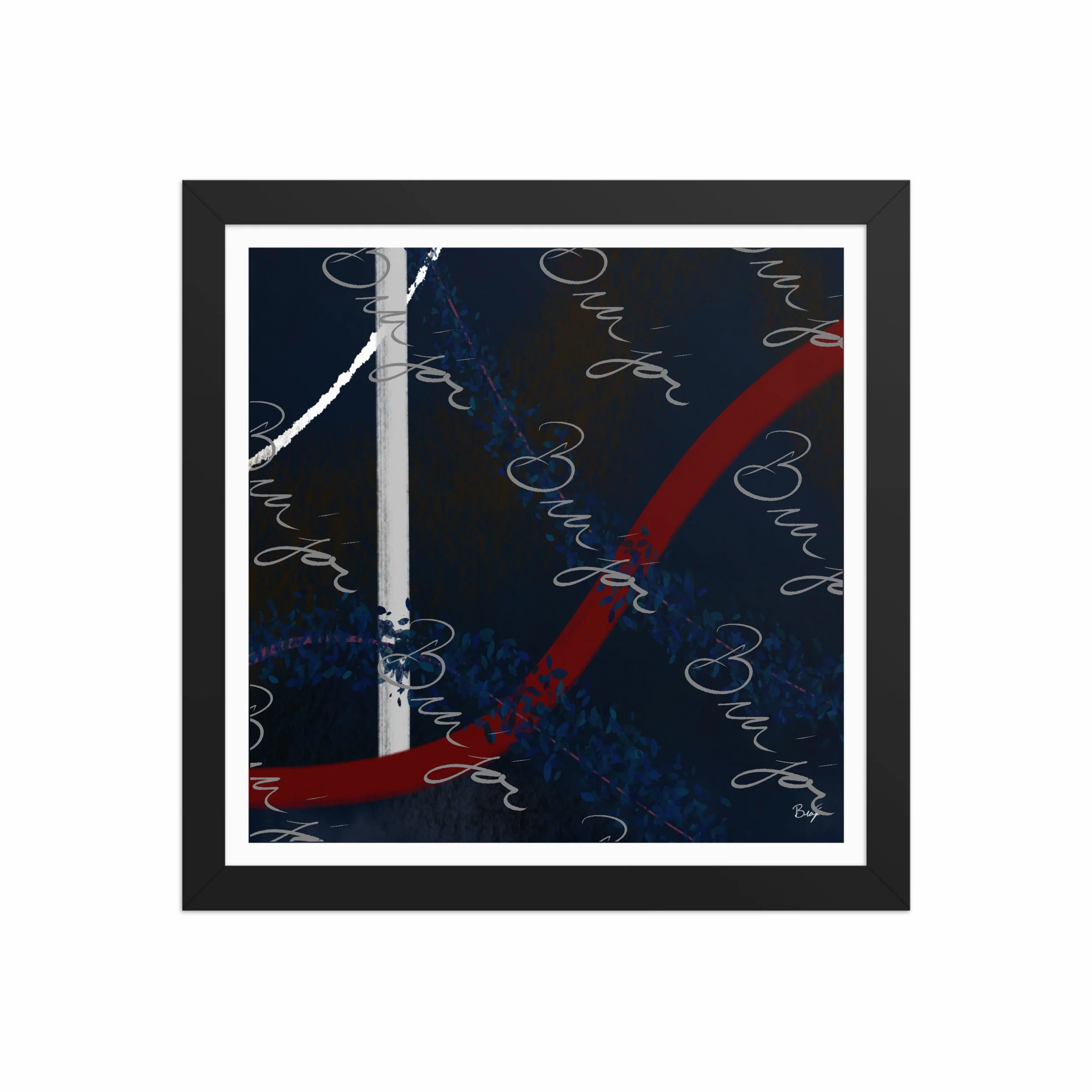 12x12 Black Framed abstract artwork titled Gloomy II designed by the digital abstract artist Bra'jor. Artwork includes the colors Blue, Red, White, Pink, and Black