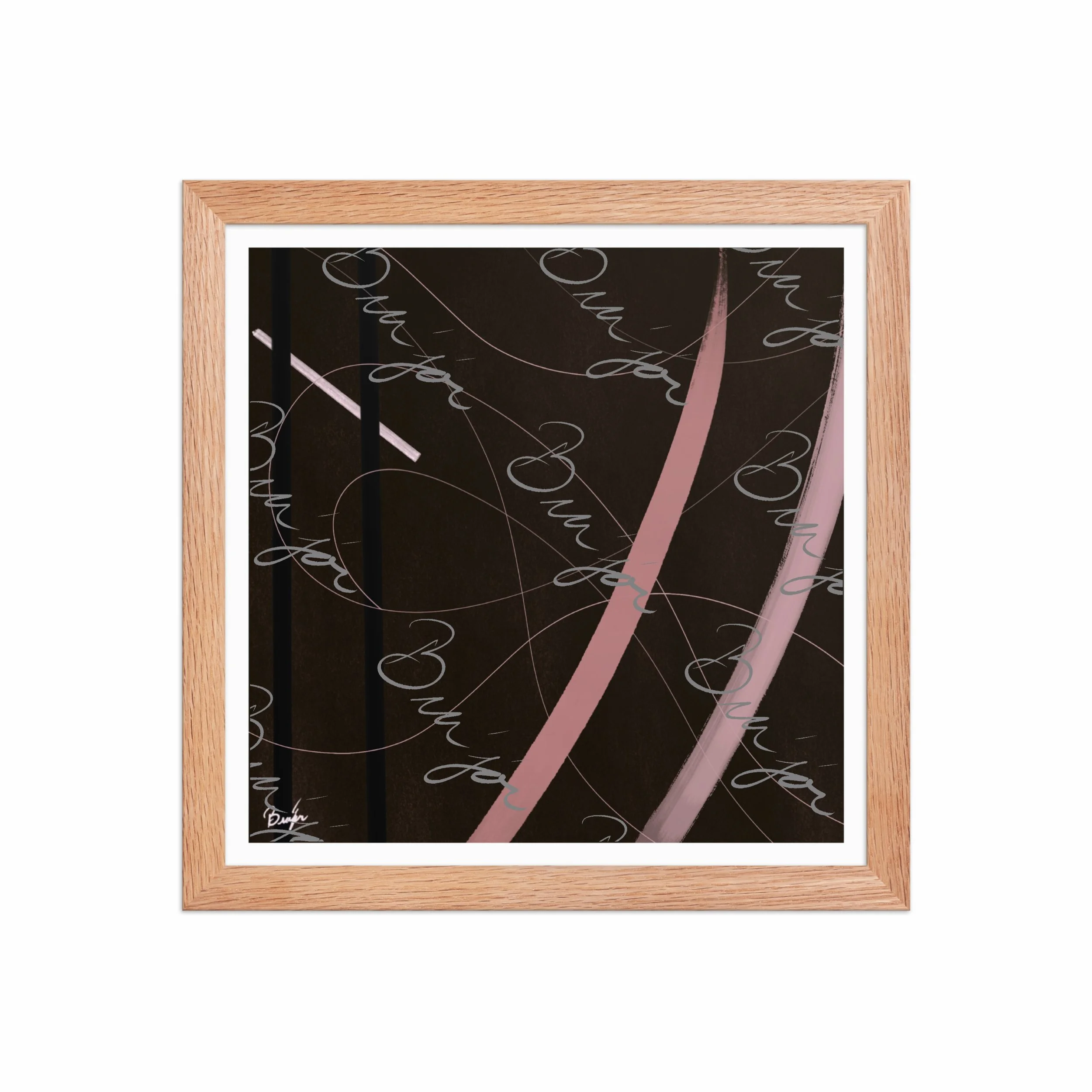 12x12 Red Oak Framed abstract artwork titled Beholder designed by the digital abstract artist Bra'jor. Artwork includes the colors Brown, Pink, Black, and White