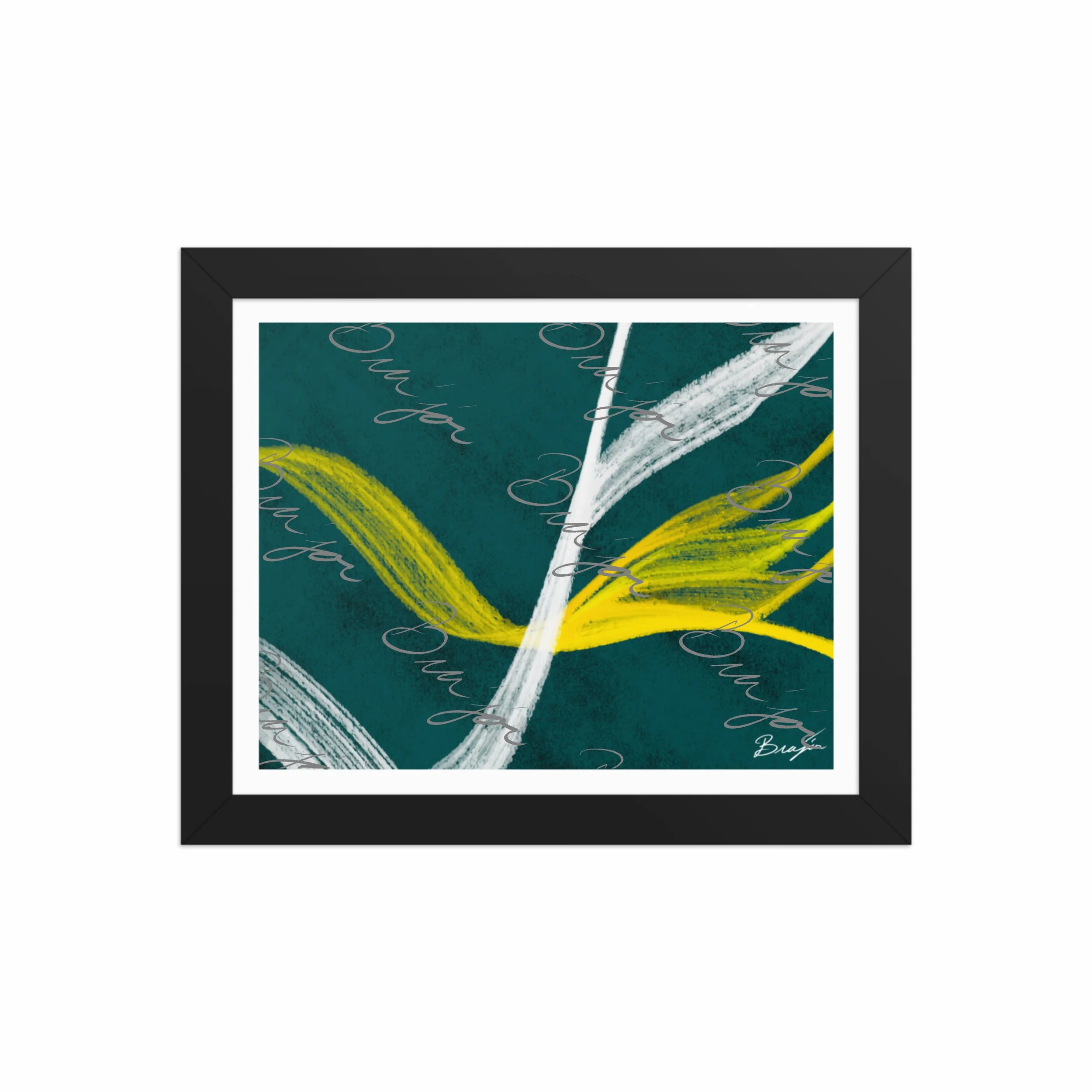 8x10 Black Framed abstract artwork titled Beginnings designed by the digital abstract artist Bra'jor. Artwork includes the colors Yellow, Green, White, and Black