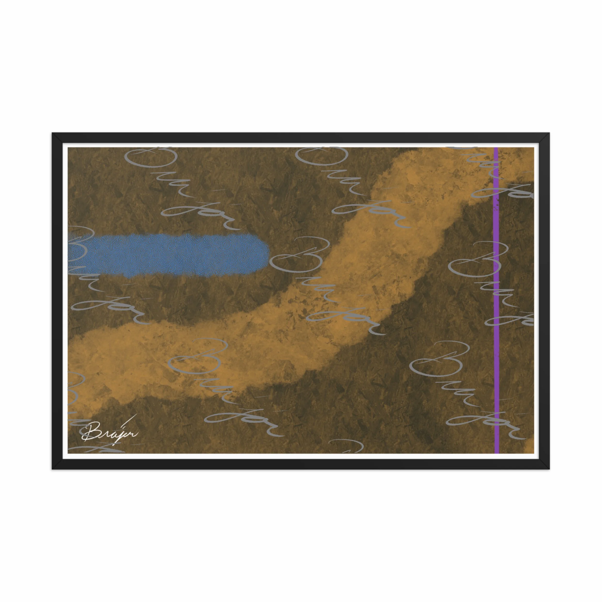 24x36 Black Framed abstract artwork titled Gentle designed by the digital abstract artist Bra'jor. Artwork includes the colors Blue, Brown, Tan, Dark Green, and Purple