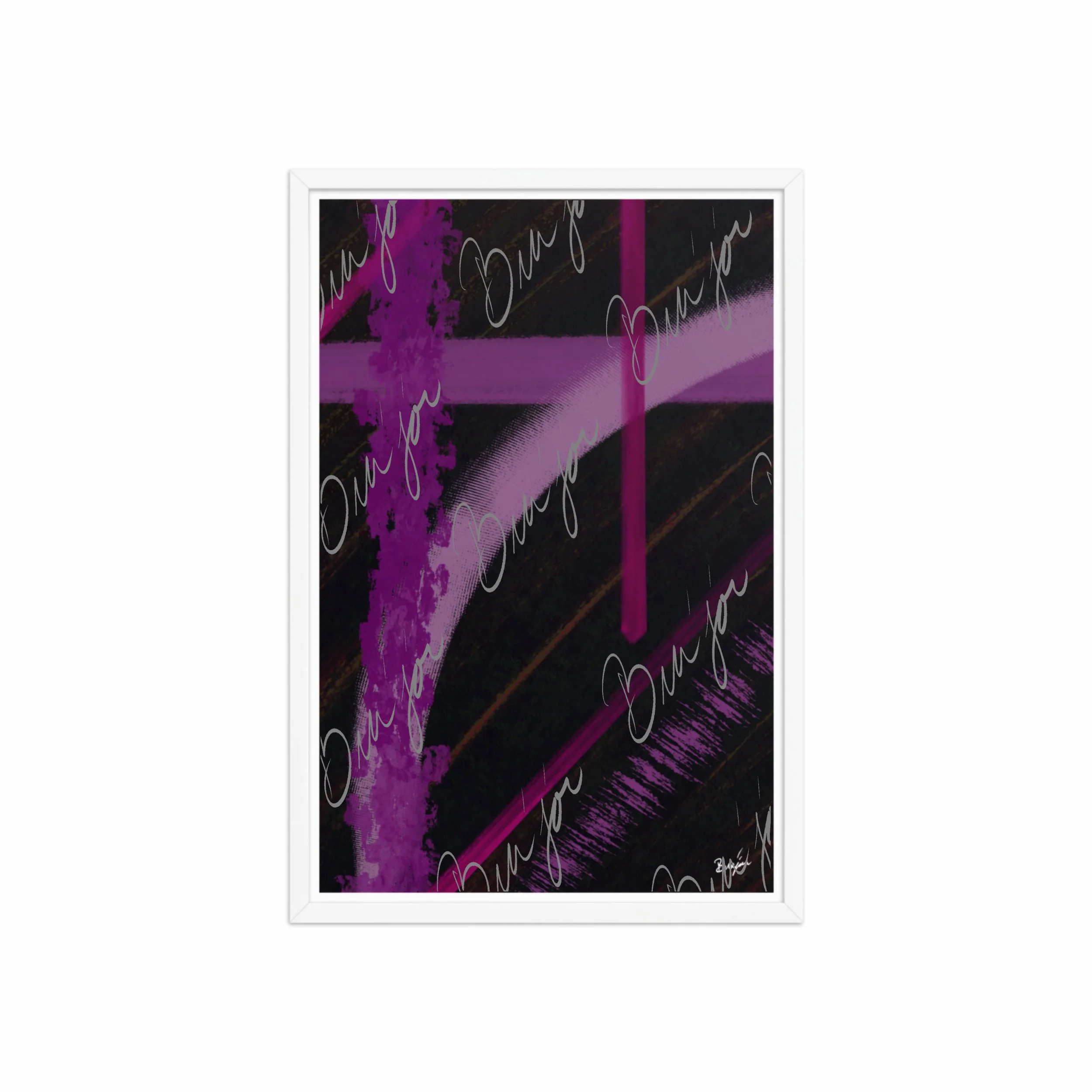 20x30 White Framed Abstract artwork titled Be Soft designed by the digital abstract artist Bra'jor. Artwork includes the colors Purple, Lavender, Pink, Orange, and Black
