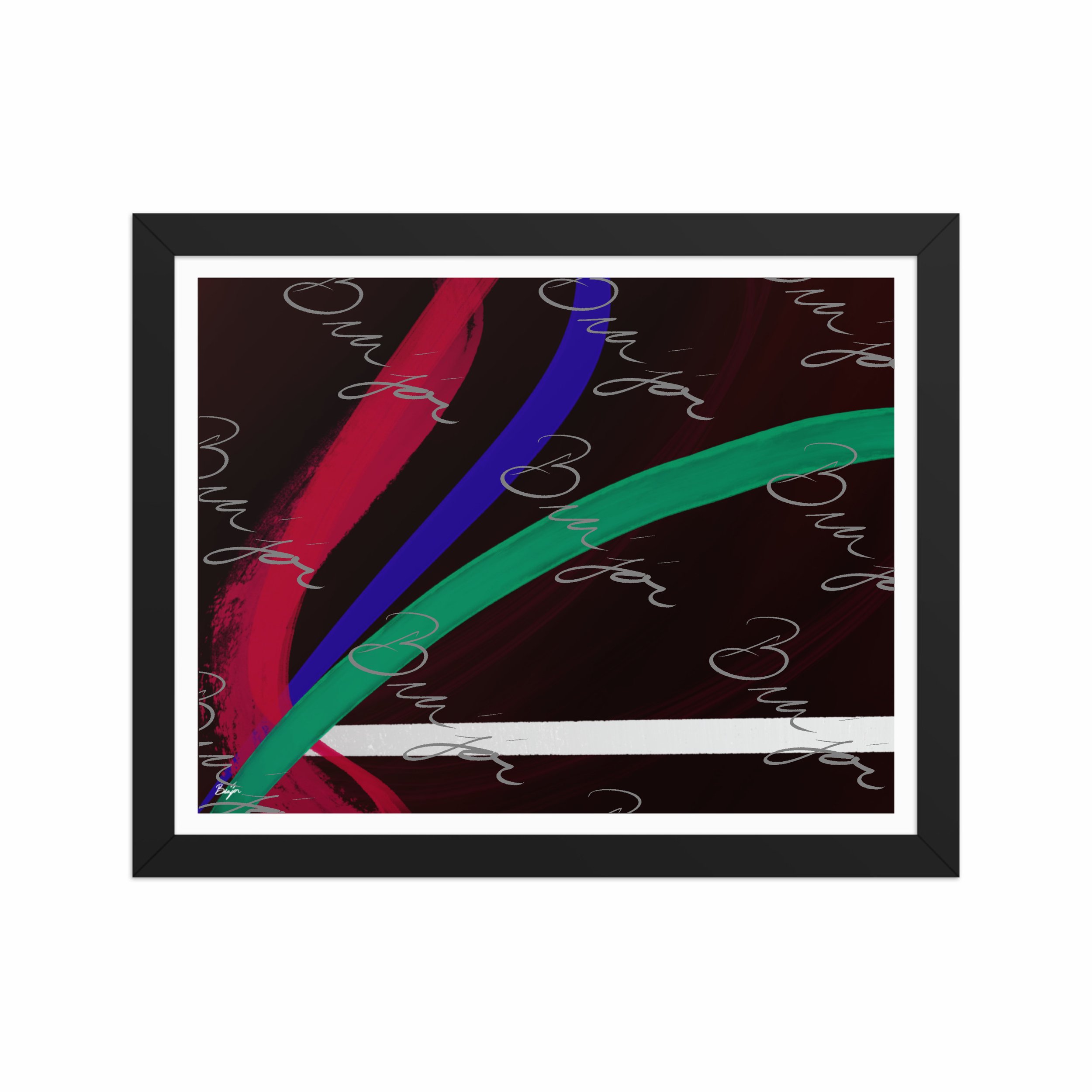 11x14 Black Framed Abstract artwork titled Journey designed by the digital abstract artist Bra'jor. Artwork includes the colors Red, White, Green, and Blue