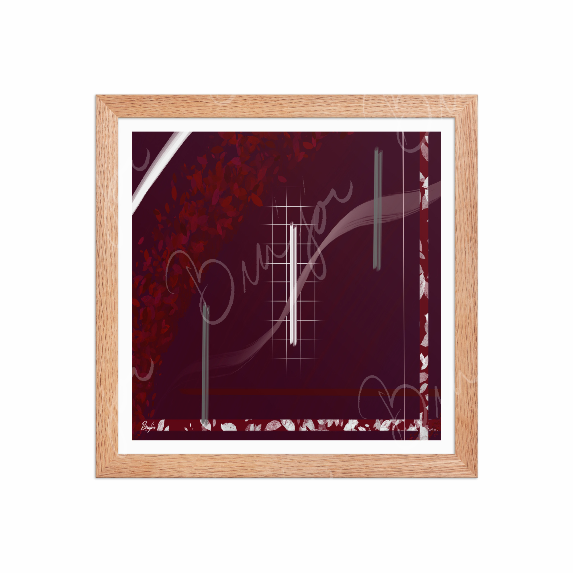 12x12 Red Oak Framed Abstract artwork titled Shine designed by the digital abstract artist Bra'jor. Artwork includes the colors Red, Gray, Maroon, White, and Soft Pink