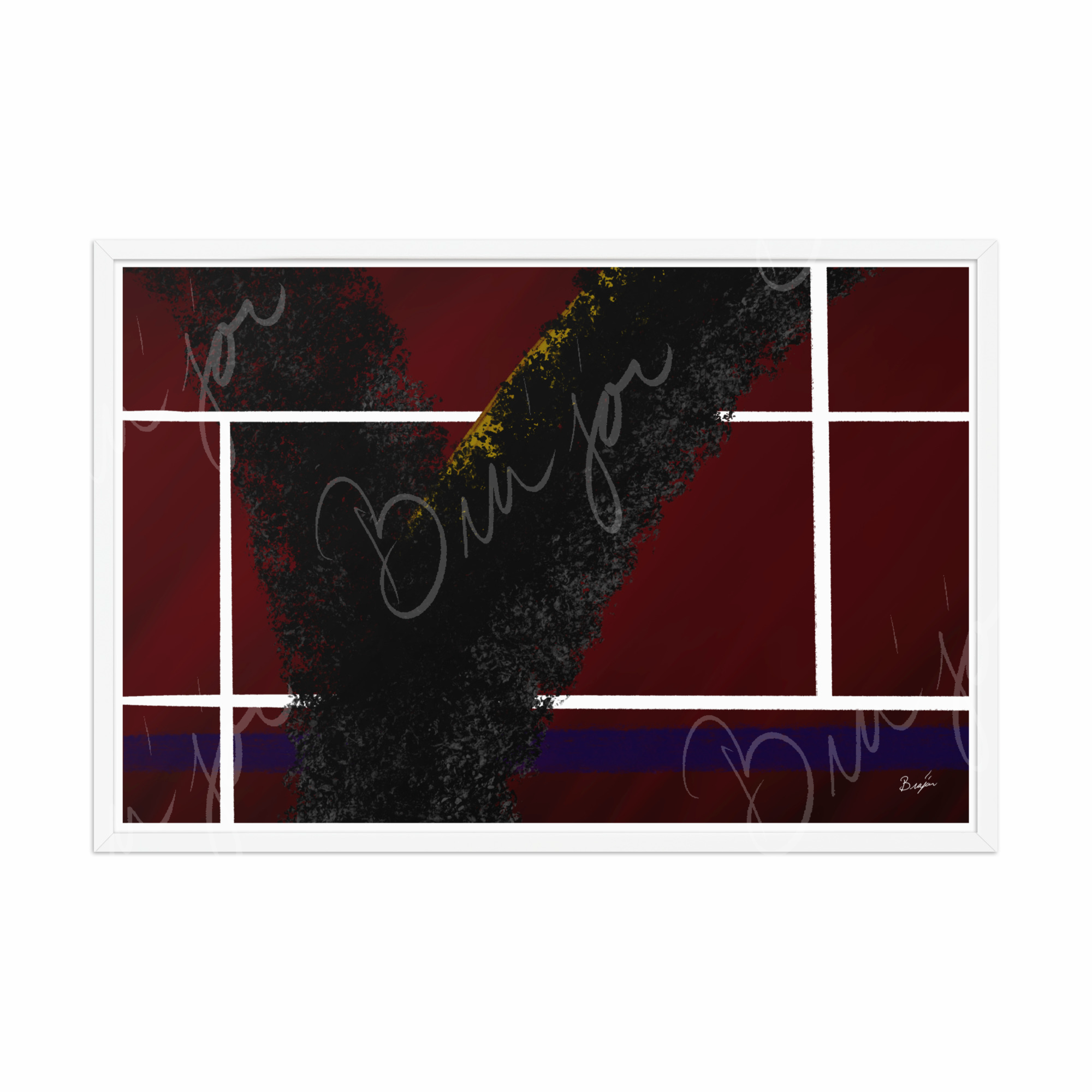 24x36 White Framed Abstract artwork titled Step Out designed by the digital abstract artist Bra'jor. Artwork includes the colors Red, White, Black, Yellow, and Blue