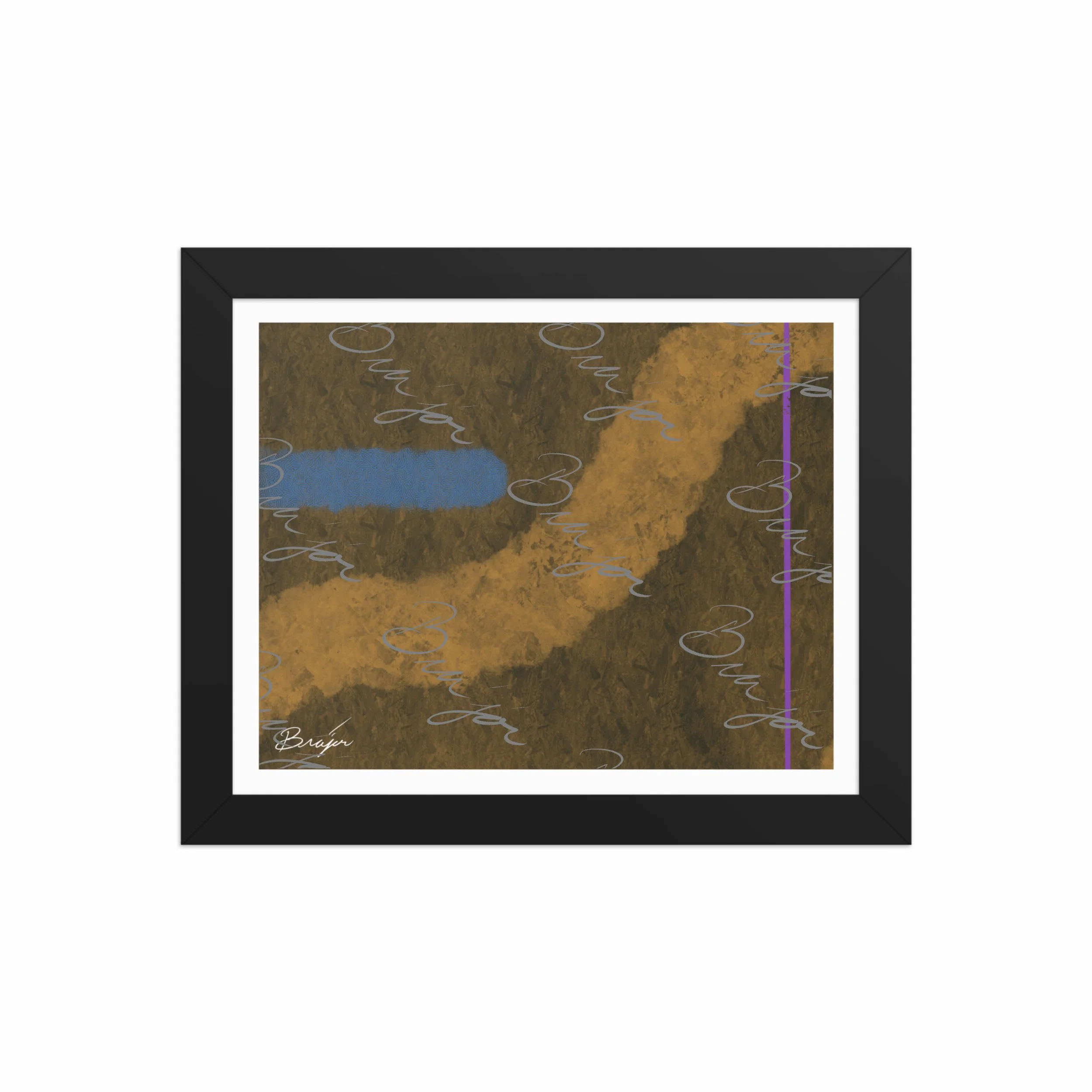8x10 Black Framed abstract artwork titled Gentle designed by the digital abstract artist Bra'jor. Artwork includes the colors Blue, Brown, Tan, Dark Green, and Purple