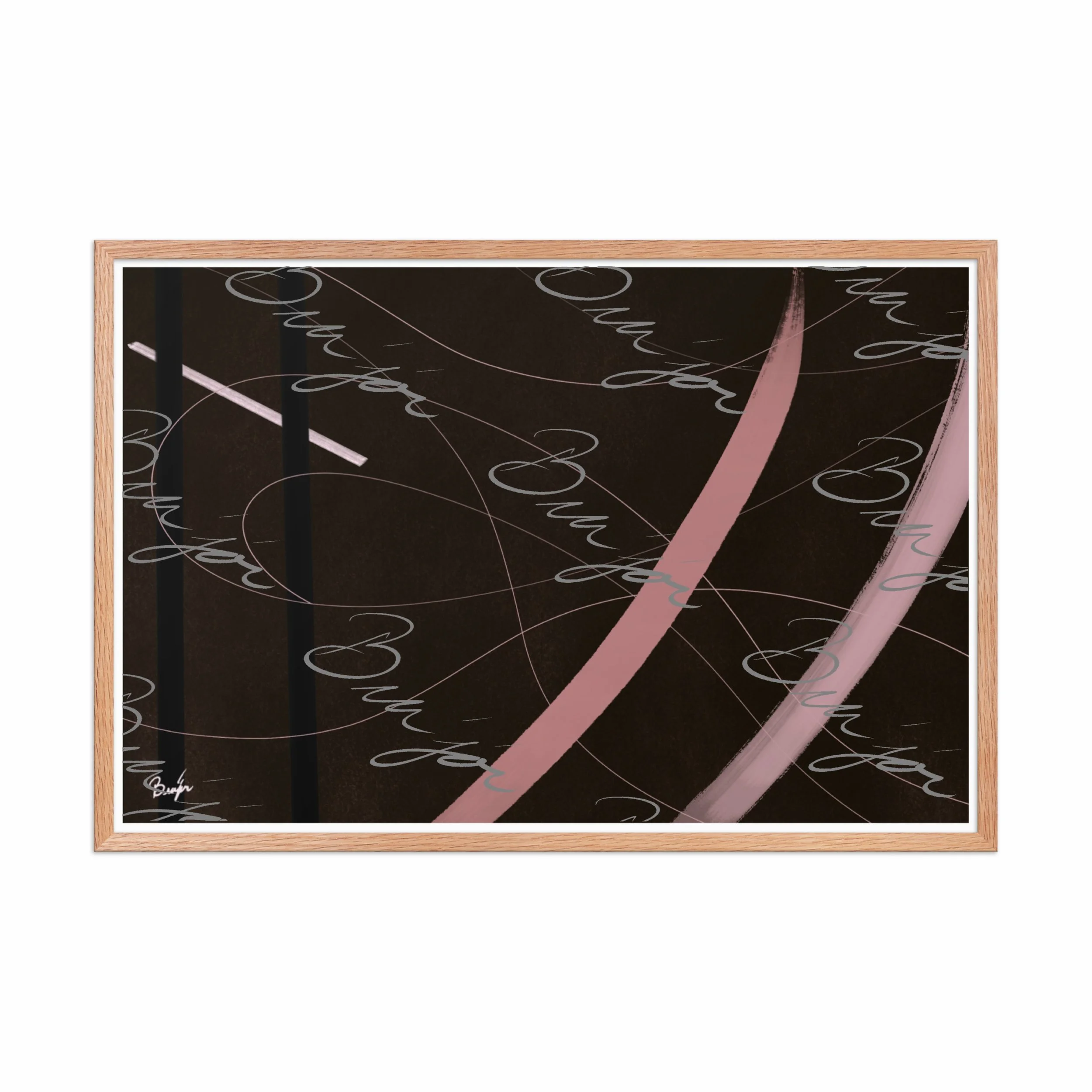 24x36 Red Oak Framed abstract artwork titled Beholder designed by the digital abstract artist Bra'jor. Artwork includes the colors Brown, Pink, Black, and White