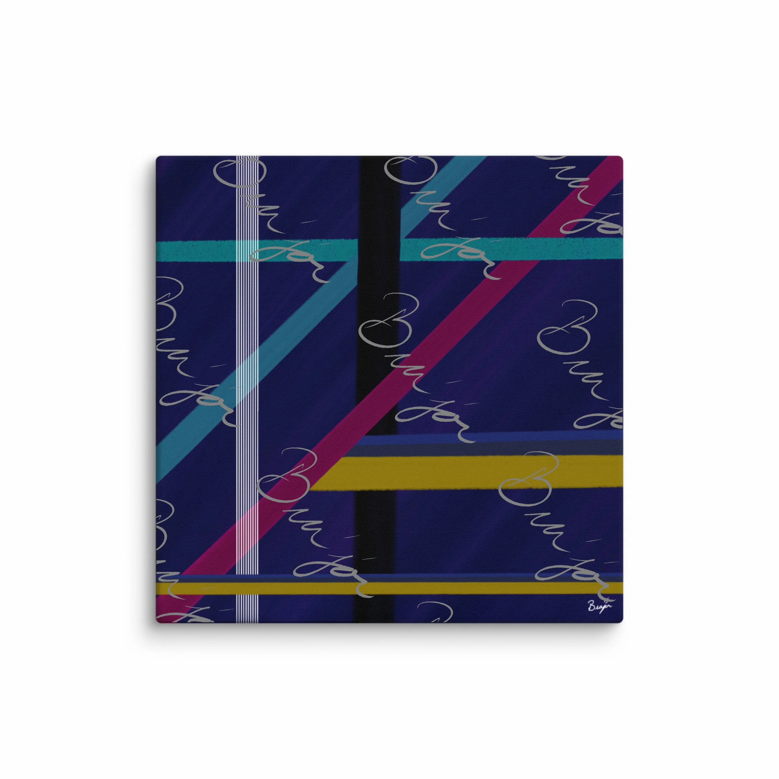 32x32 XL Canvas Abstract artwork titled Destinations designed by the digital abstract artist Bra'jor. Artwork includes the colors Black, Blue, Yellow, Pink, and White