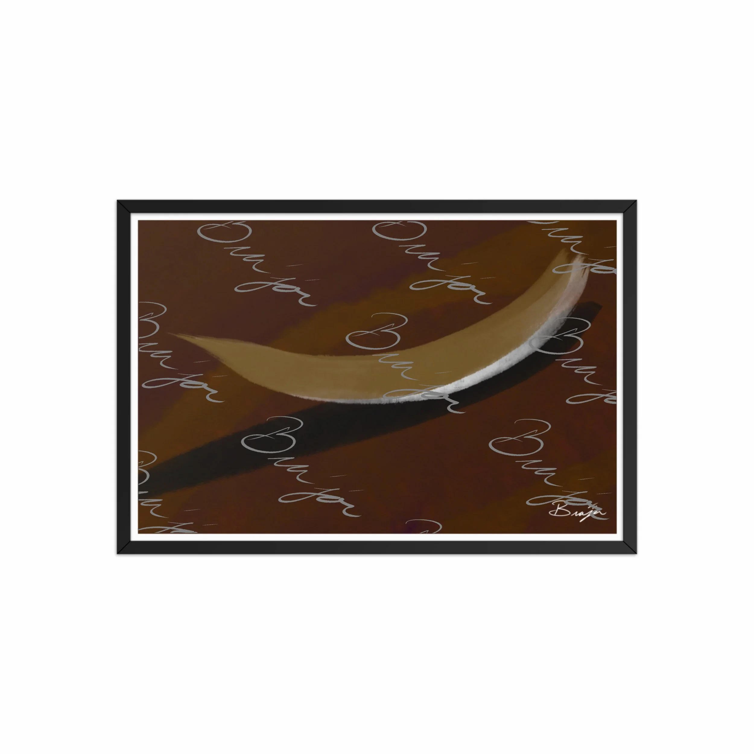 20x30 Black Framed abstract artwork titled Always There designed by the digital abstract artist Bra'jor. Artwork includes the colors Brown, Tan, White, and Black with a Purple undertone