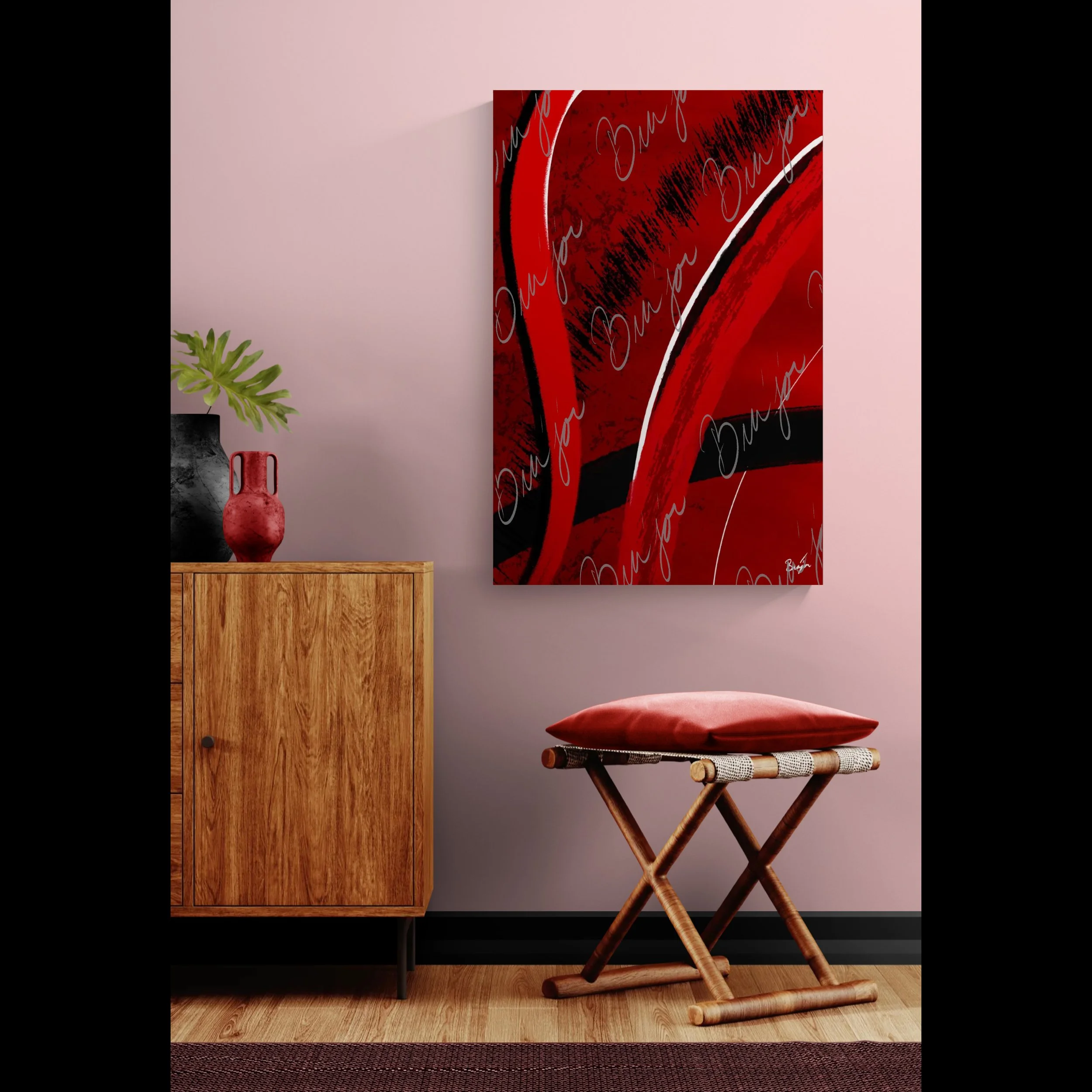 Canvas Abstract artwork titled Feel designed by the digital abstract artist Bra'jor. Artwork includes the colors Red, Black, Blue, and White