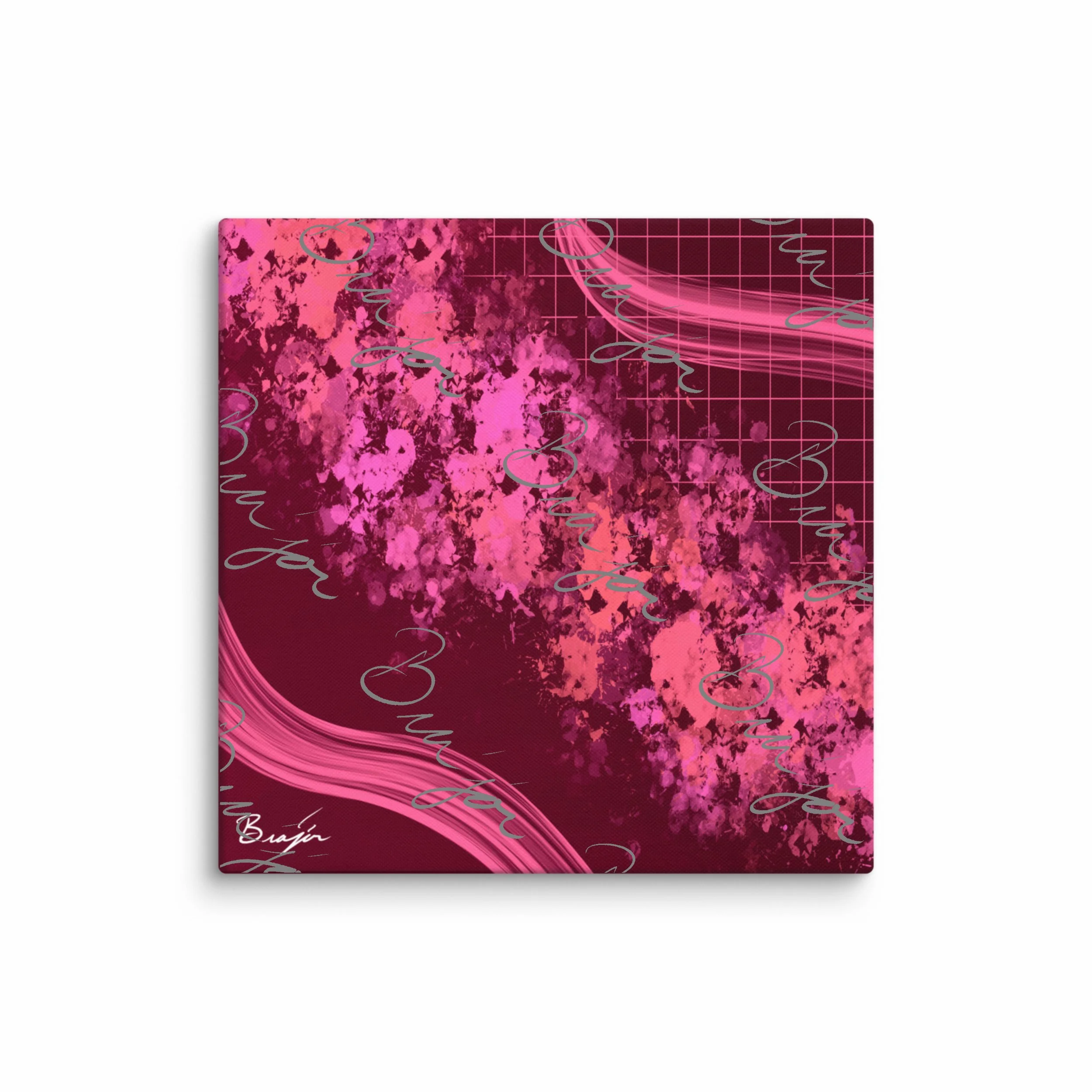 37x37 Abstract canvas artwork titled Soft designed by the digital abstract artist Bra'jor. Artwork includes the colors Purple, Pink, peach, and Orange