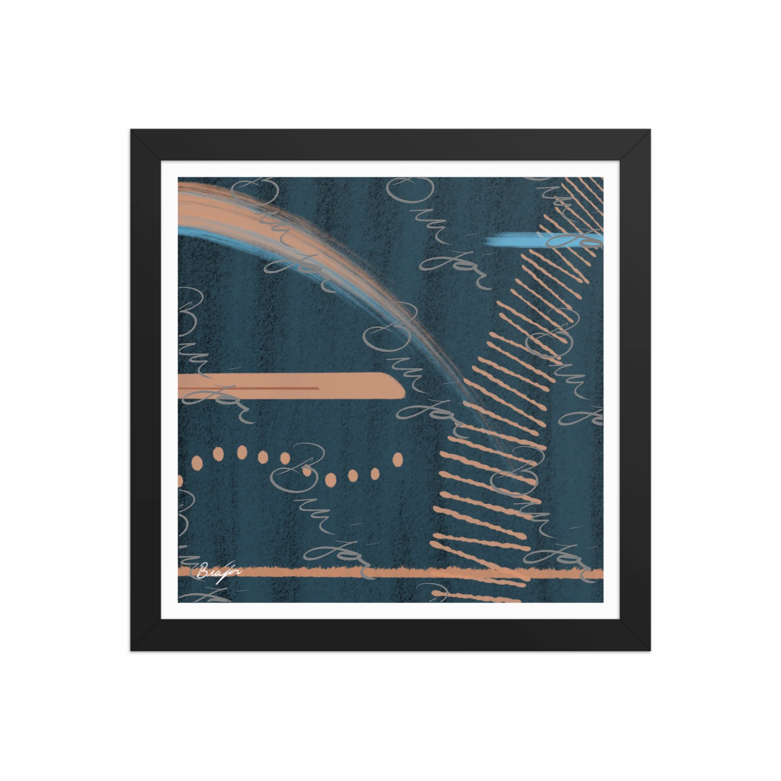 12x12 Black Framed abstract artwork titled Effort designed by the digital abstract artist Bra'jor. Artwork includes the colors Black, Blue, Brown, and Tan