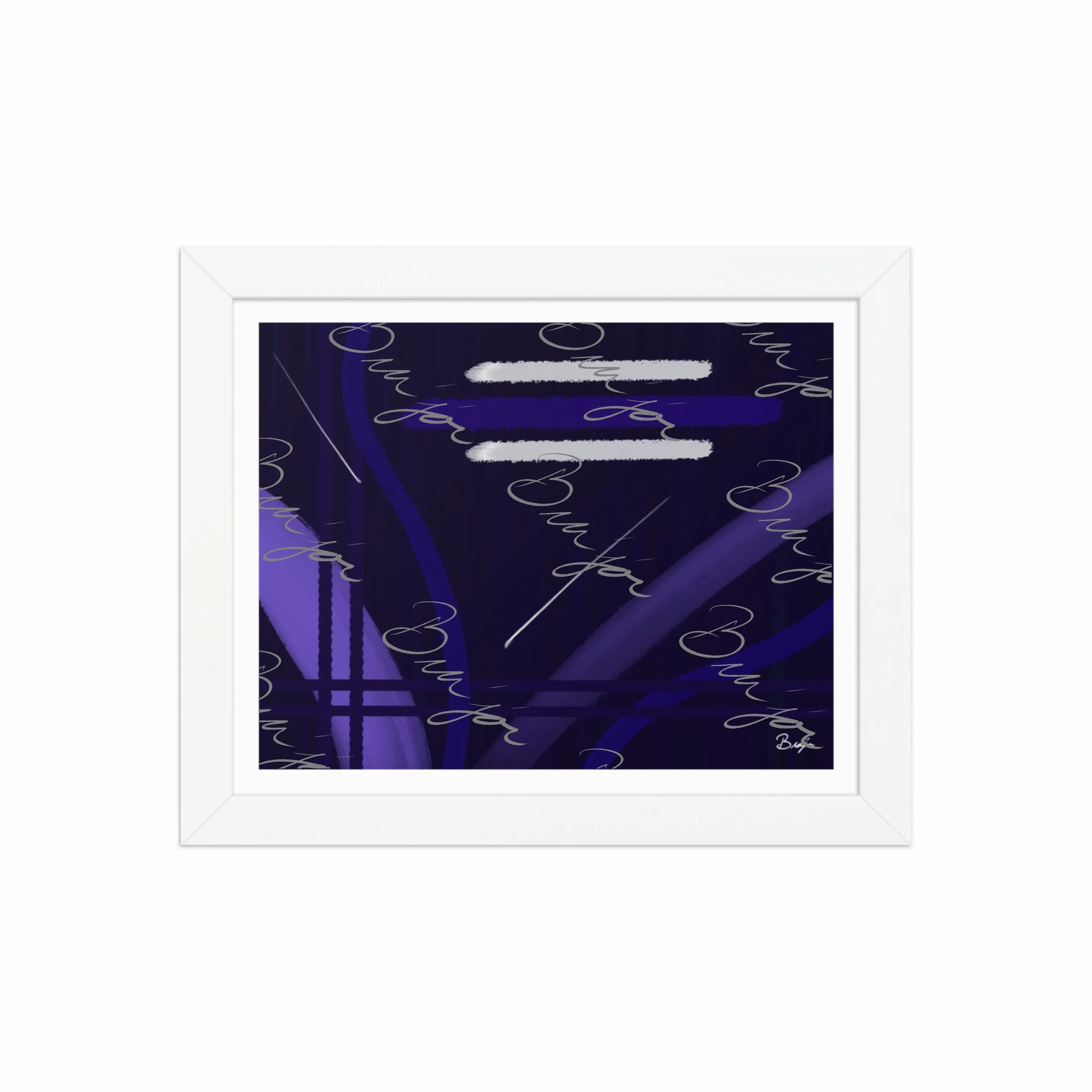 8x10 White Framed Abstract artwork titled Beneath designed by the digital abstract artist Bra'jor. Artwork includes the colors Blue, White, Purple, and Navy