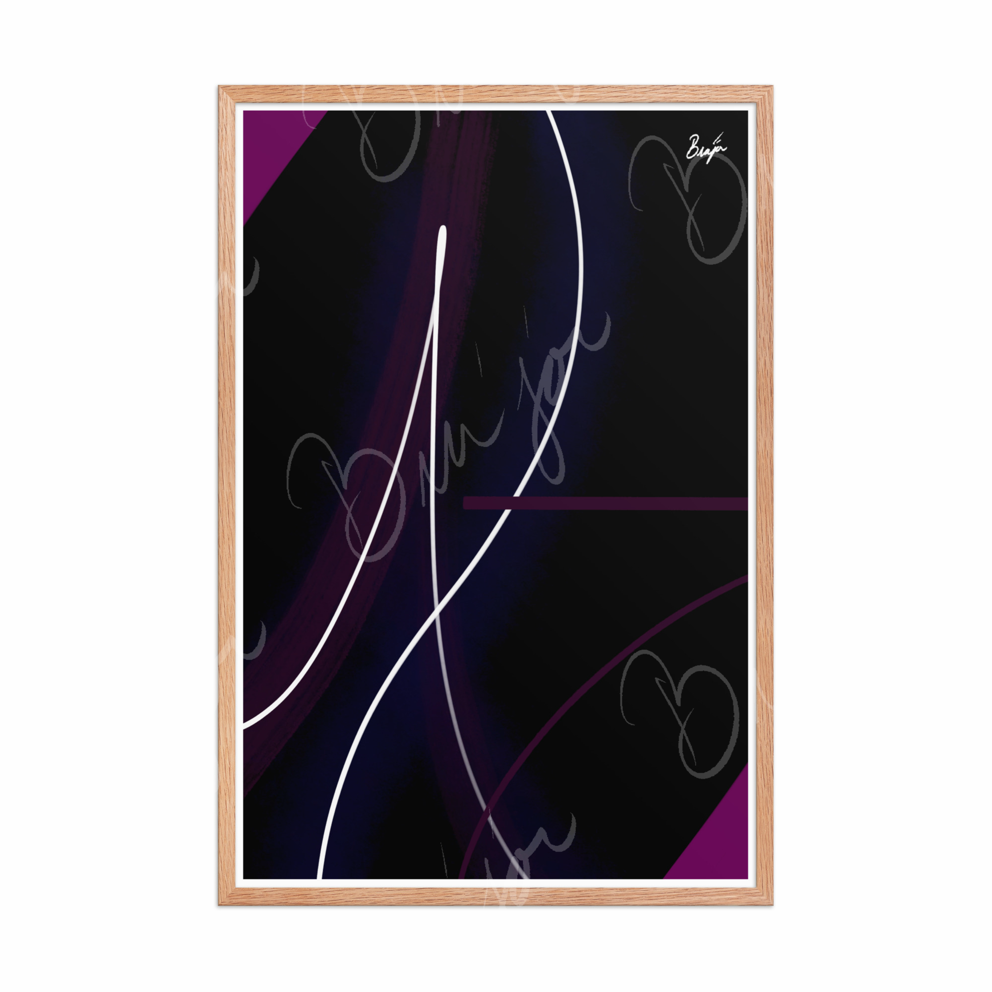 24x36 Red Oak Framed Abstract artwork titled Poised designed by the digital abstract artist Bra'jor. Artwork includes the colors Purple, Pink, Blue, and White