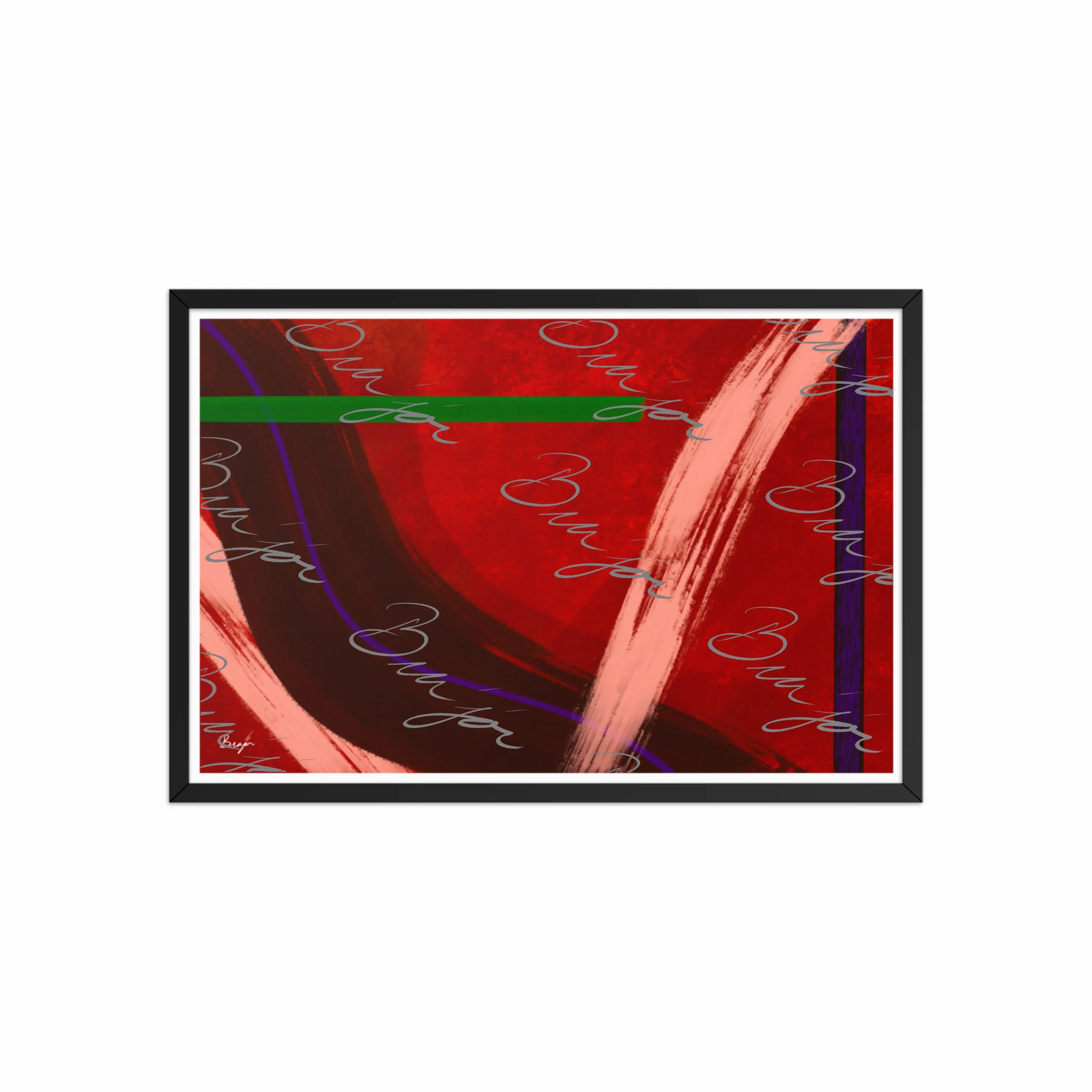 20x30 Black Framed abstract artwork titled Feelings designed by the digital abstract artist Bra'jor. Artwork includes the colors Red, Orange, Purple, and Green