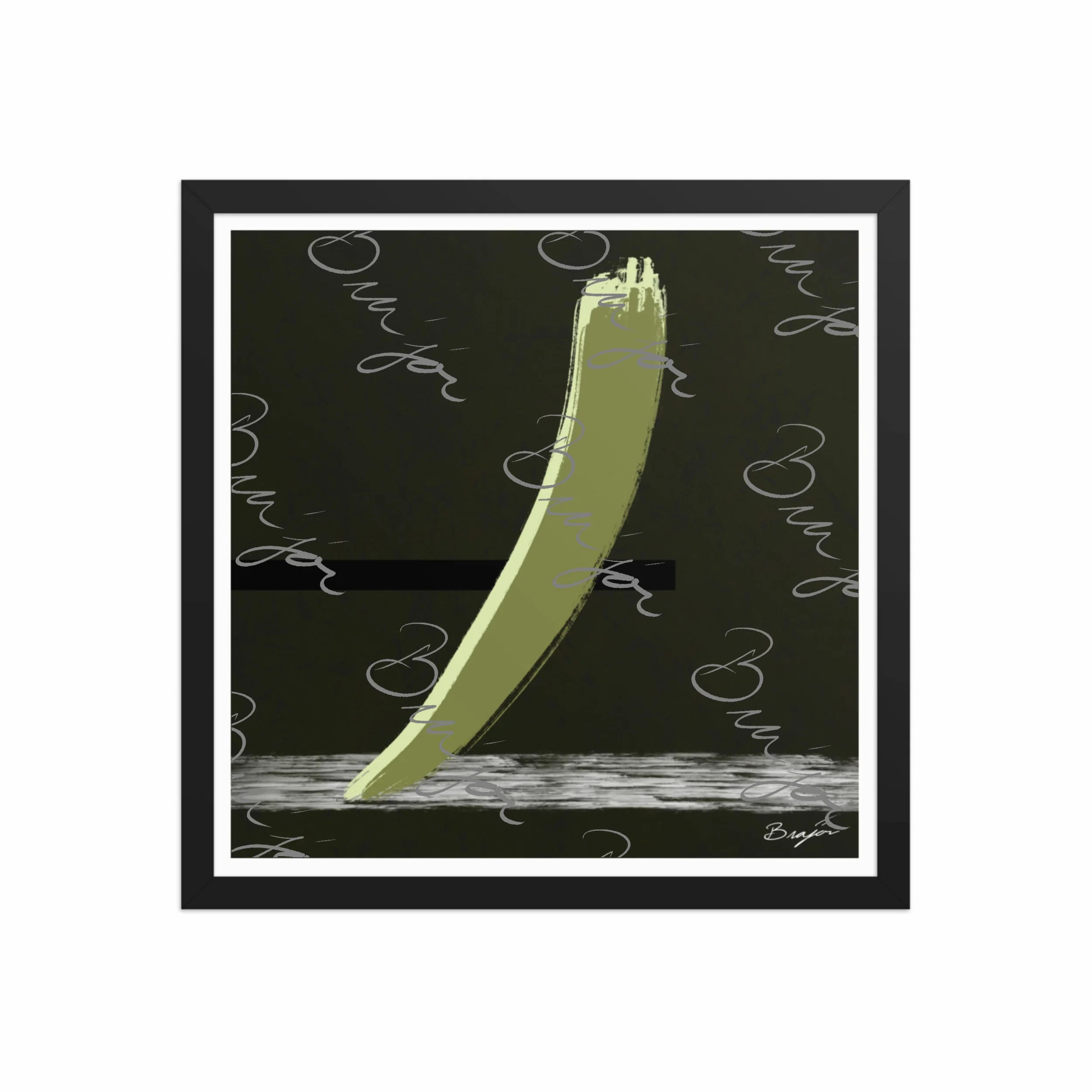 16x16 Black Framed abstract artwork titled Drift designed by the digital abstract artist Bra'jor. Artwork includes the colors Green in multiple shades, Black,  White, and Gray