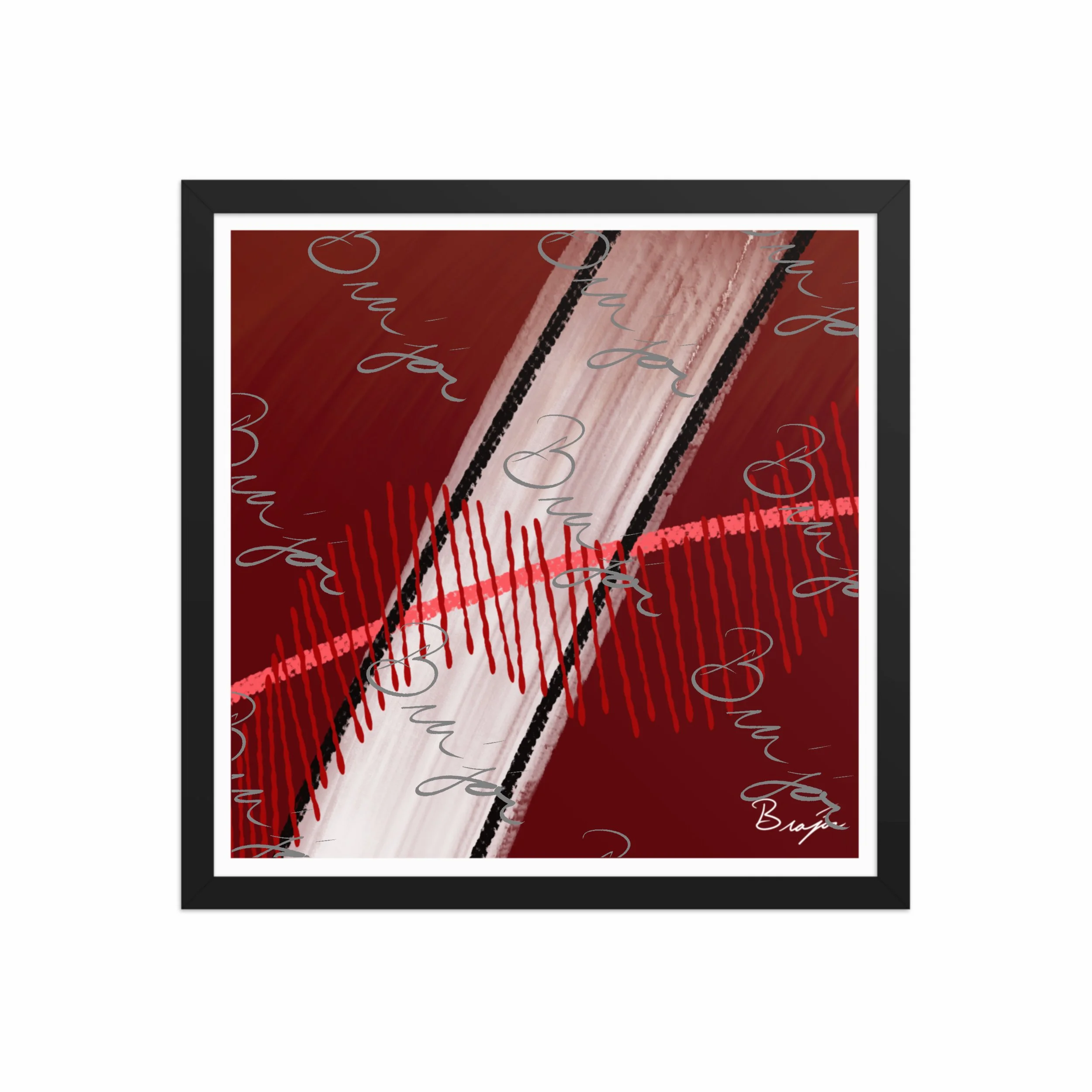 16x16 Black Framed abstract artwork titled Confined designed by the digital abstract artist Bra'jor. Artwork includes the colors Red, Pink, Black, Maroon, and White