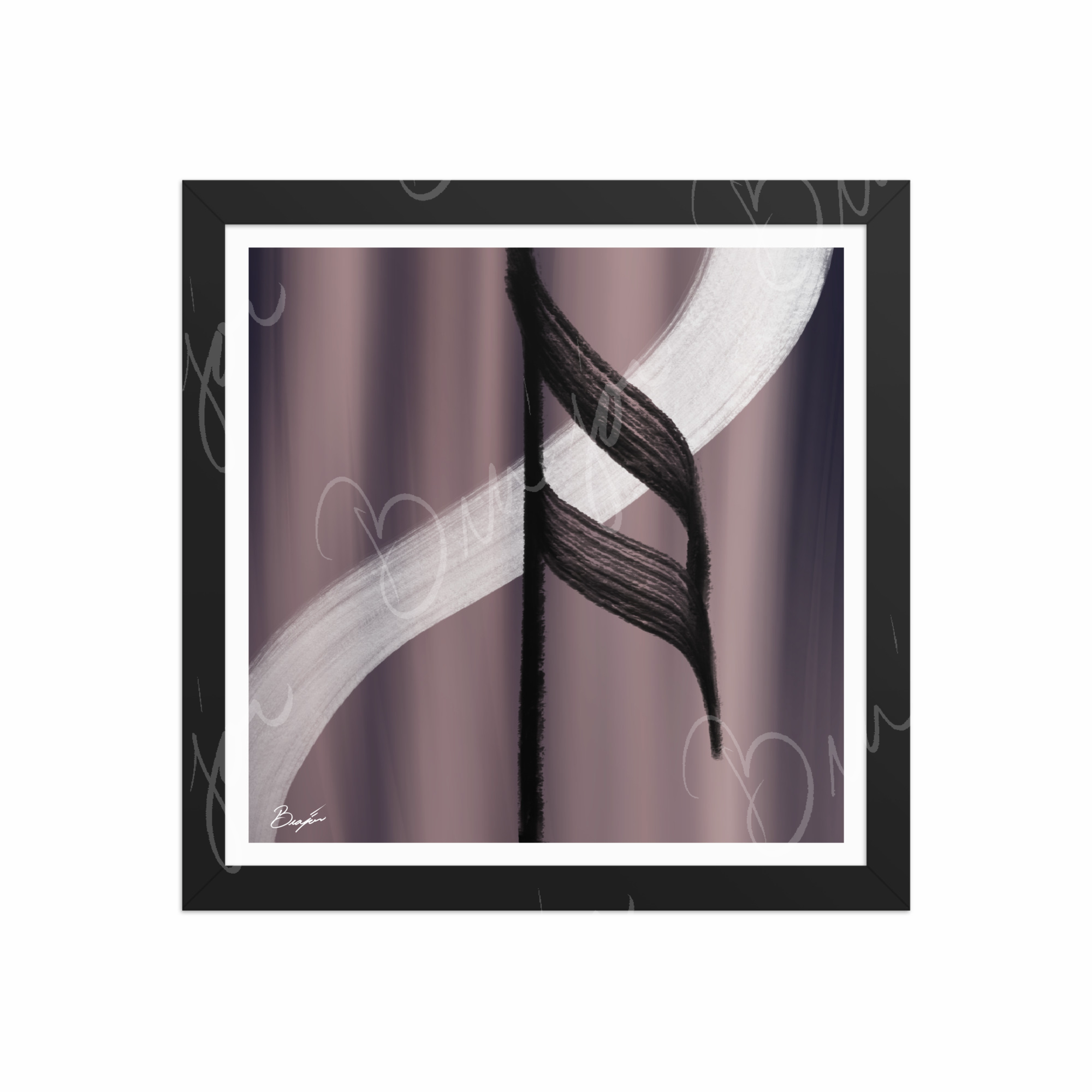 12x12  Black Framed Abstract artwork titled A Beat designed by the digital abstract artist Bra'jor. Artwork includes the colors Black, White, Gray, violet, and Mauve