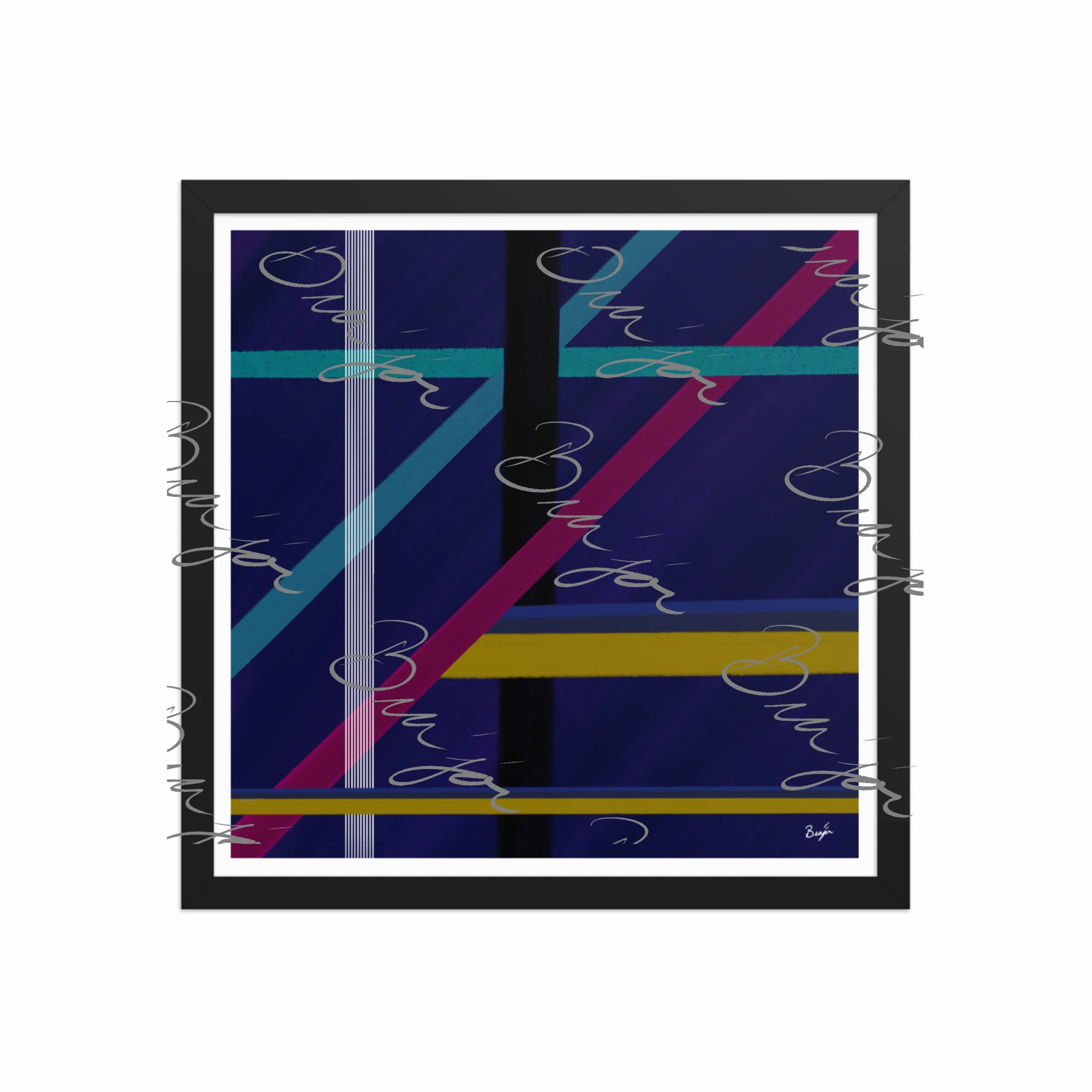 16x20 Black Framed Abstract artwork titled Destinations designed by the digital abstract artist Bra'jor. Artwork includes the colors Black, Blue, Yellow, Pink, and White
