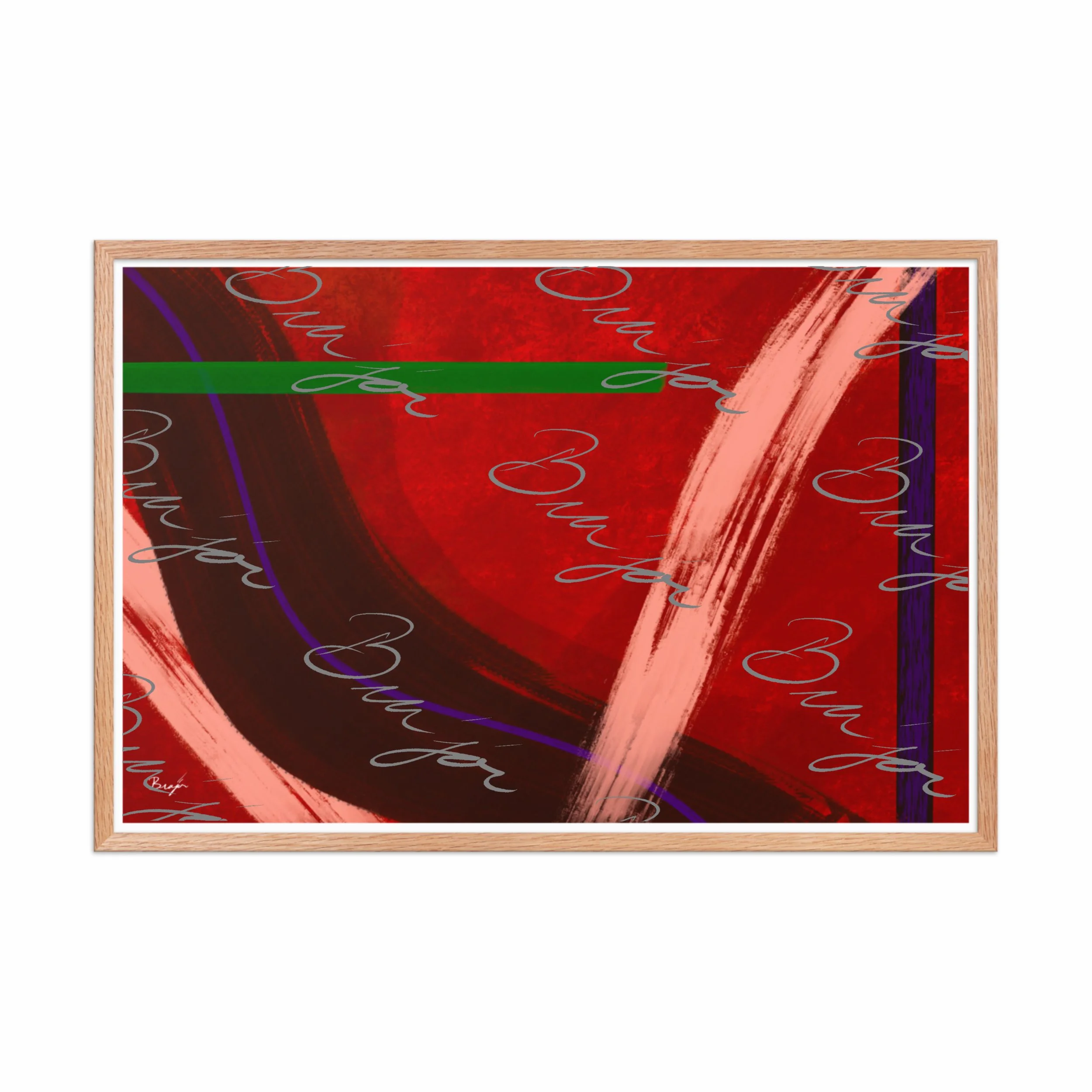 24x36 Red Oak Framed abstract artwork titled Feelings designed by the digital abstract artist Bra'jor. Artwork includes the colors Red, Orange, Purple, and Green