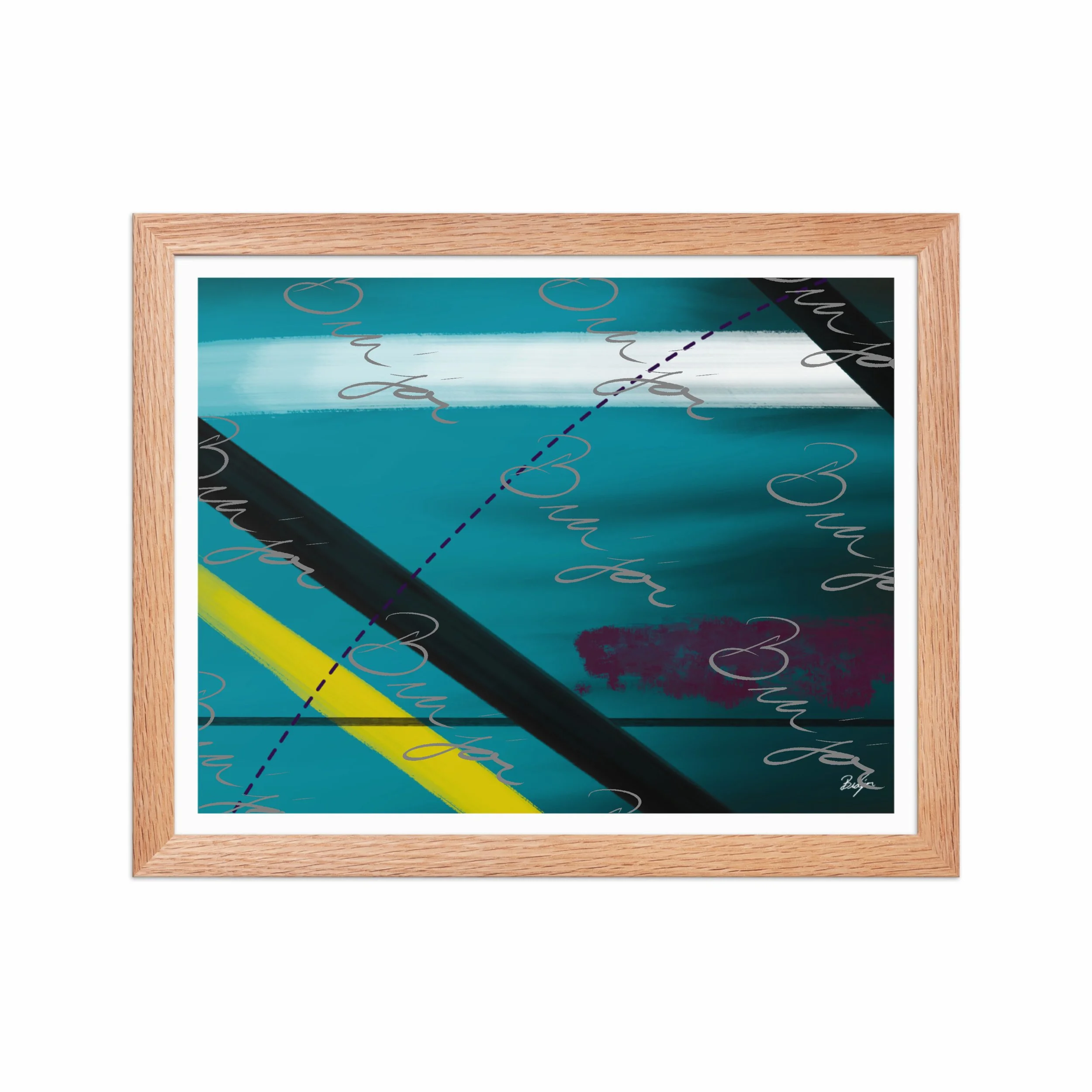 11x14 Red Oak Framed Abstract artwork titled First designed by the digital abstract artist Bra'jor. Artwork includes the colors Blue, Yellow, Black, Purple, and White