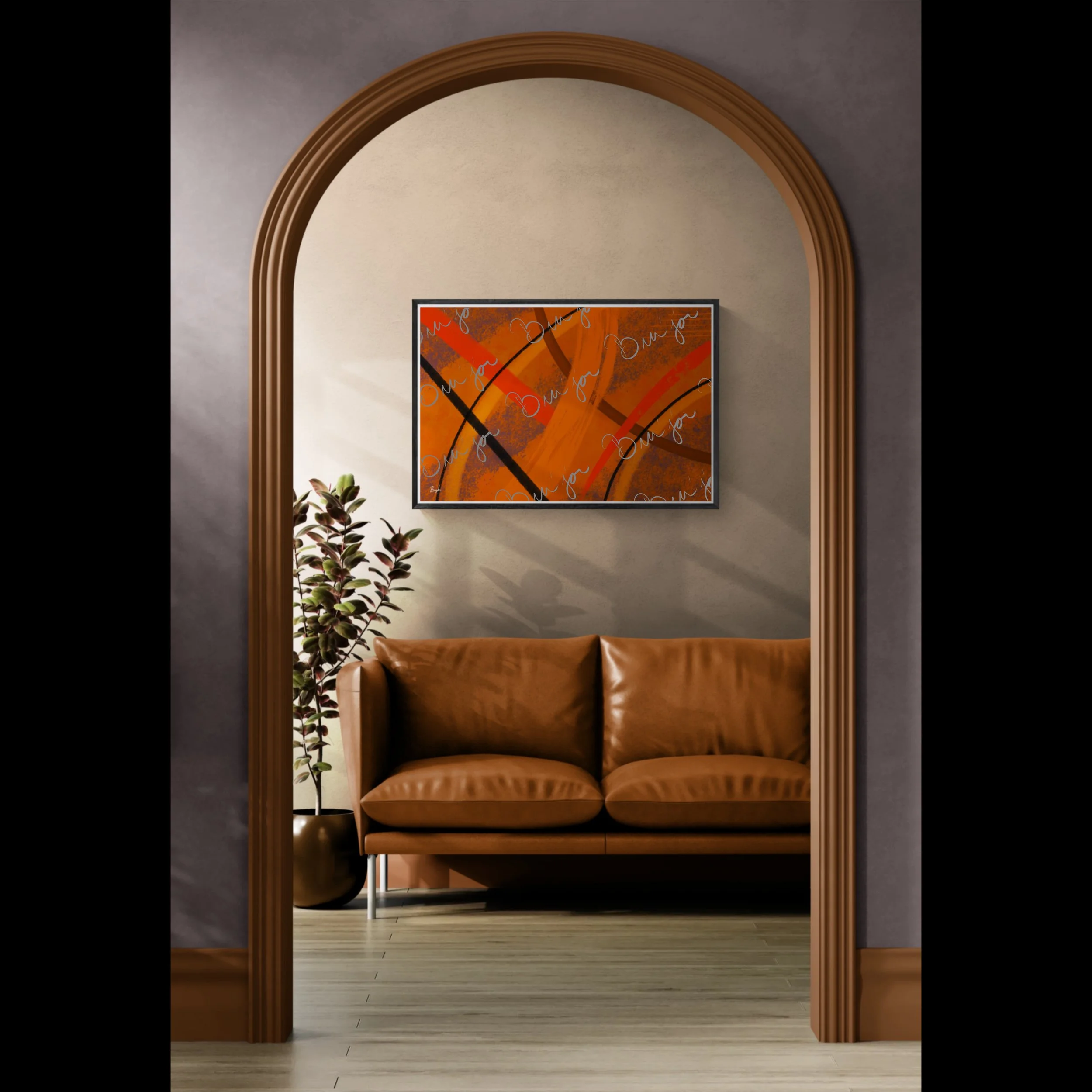 Framed Abstract artwork titled Challenges designed by the digital abstract artist Bra'jor. Artwork includes the colors Orange, Brown, Blue, and Black