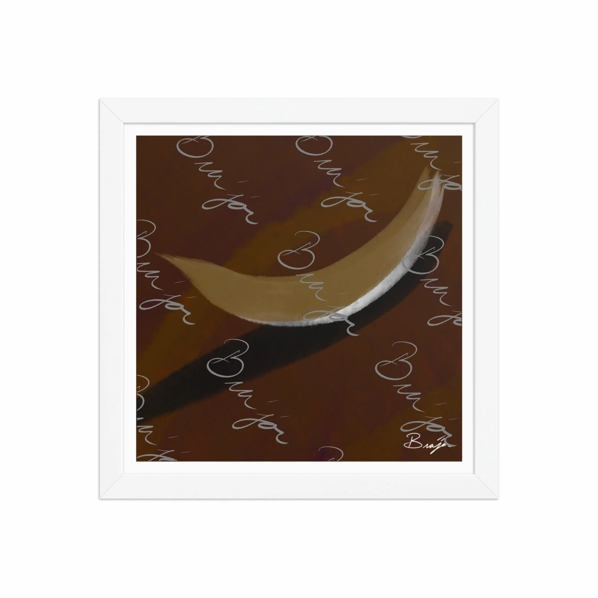 12x12 White Framed abstract artwork titled Always There designed by the digital abstract artist Bra'jor. Artwork includes the colors Brown, Tan, White, and Black with a Purple undertone
