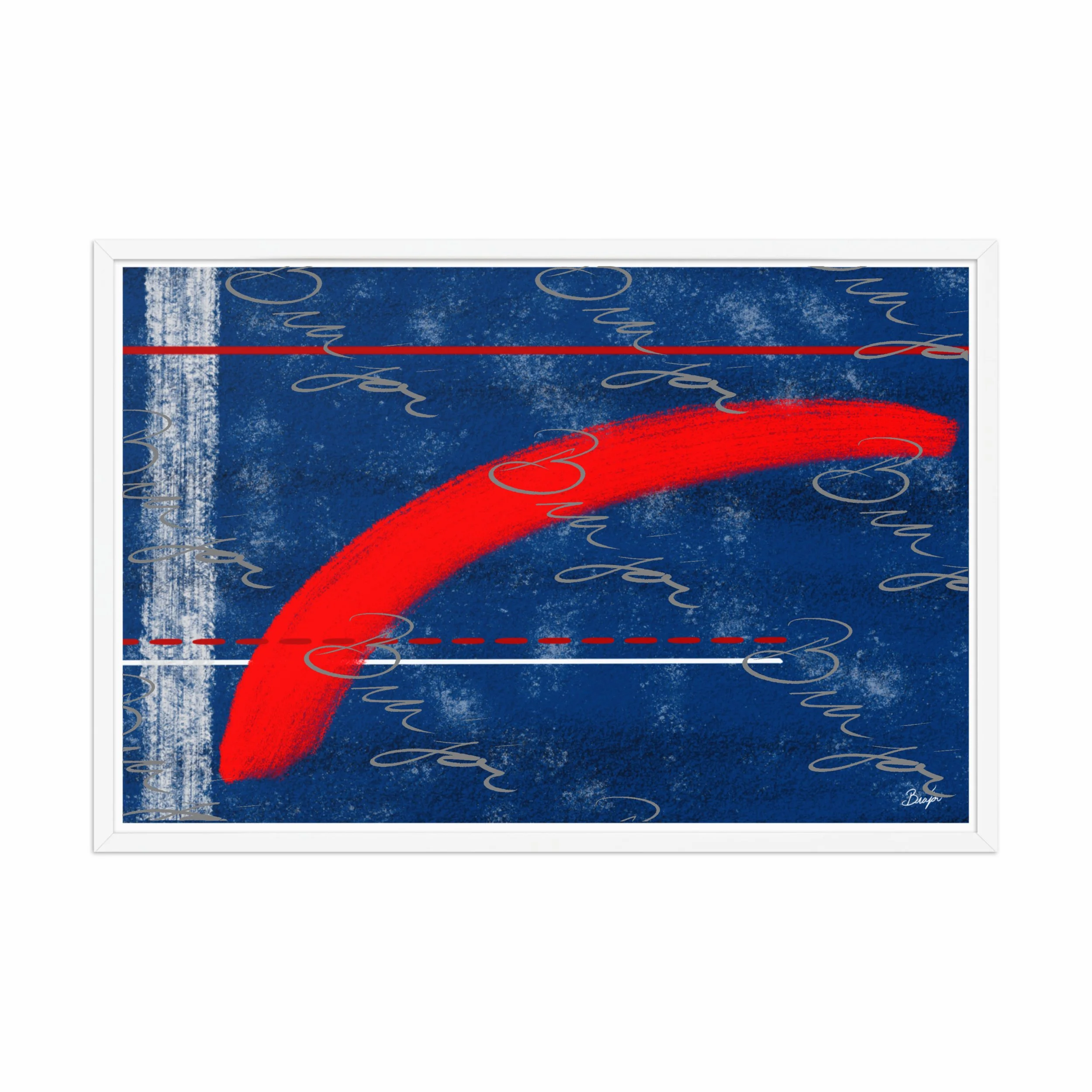 24x36 White Framed abstract artwork titled Be Bold designed by the digital abstract artist Bra'jor. Artwork includes the colors Blue, White, and Red
