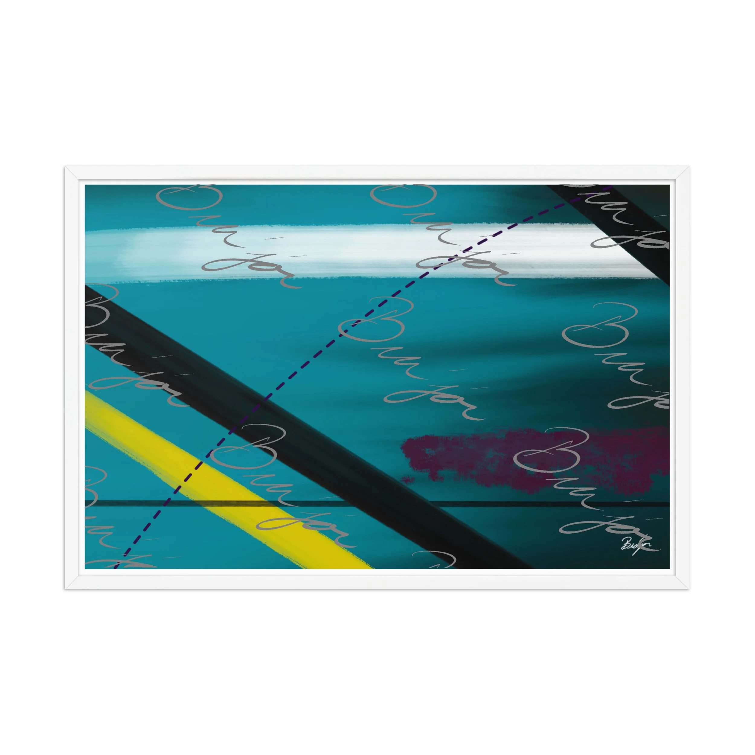 24x36 White Framed Abstract artwork titled First designed by the digital abstract artist Bra'jor. Artwork includes the colors Blue, Yellow, Black, Purple, and White