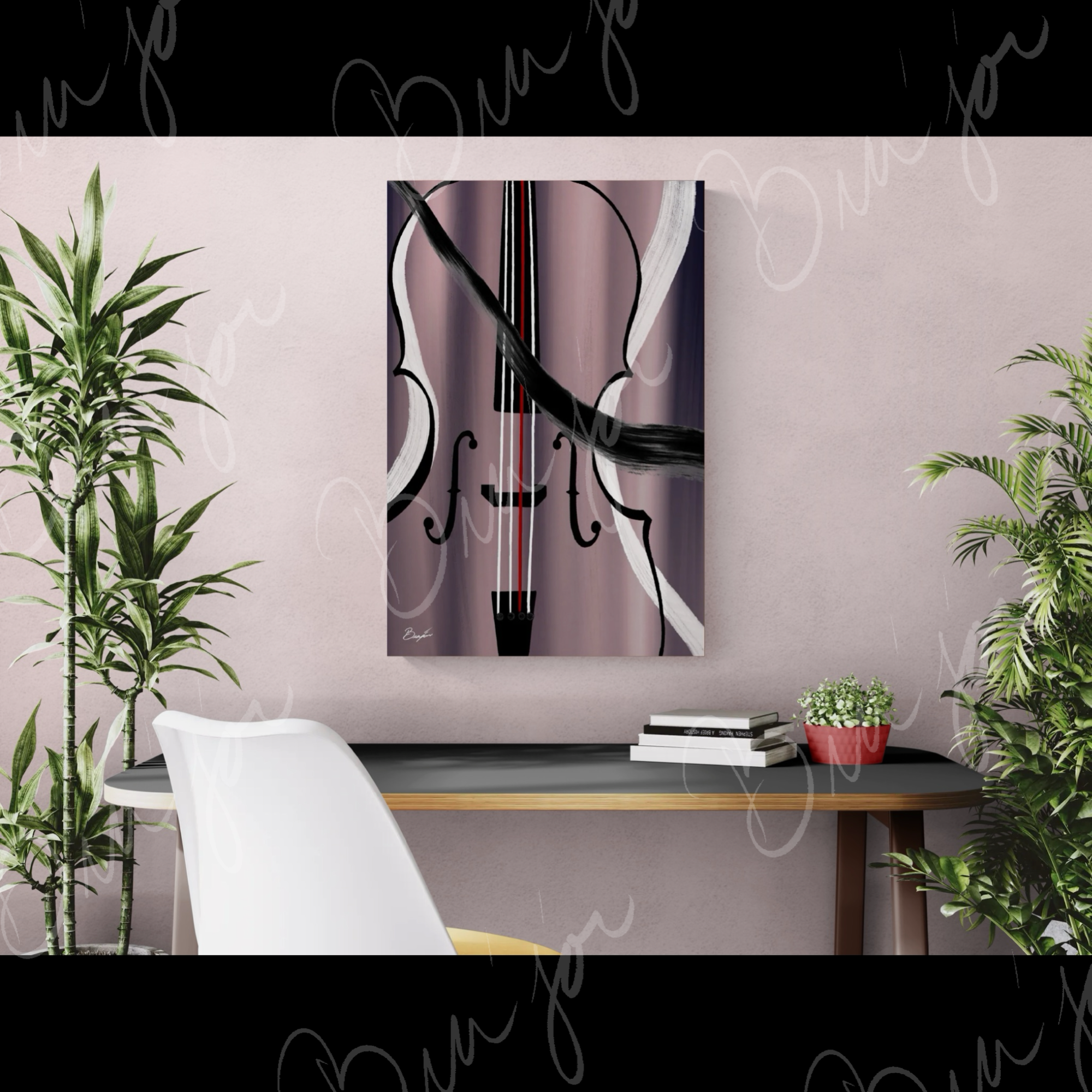 Canvas Abstract artwork titled First Love designed by the digital abstract artist Bra'jor. Artwork includes the colors Black, White, Gray, violet, Mauve, and Red
